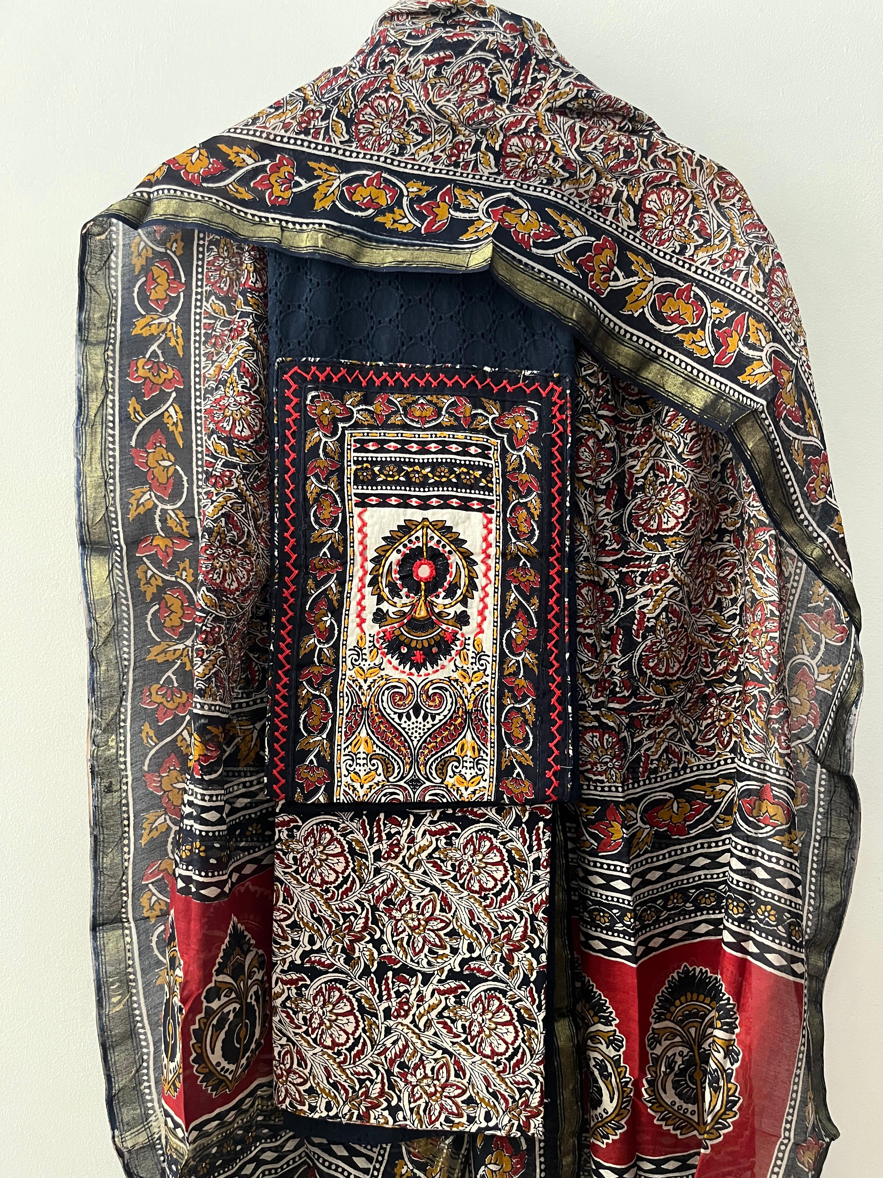 Navy Blue Hakoba Cotton Suit Set with Kalamkari Neck & Chanderi Dupatta