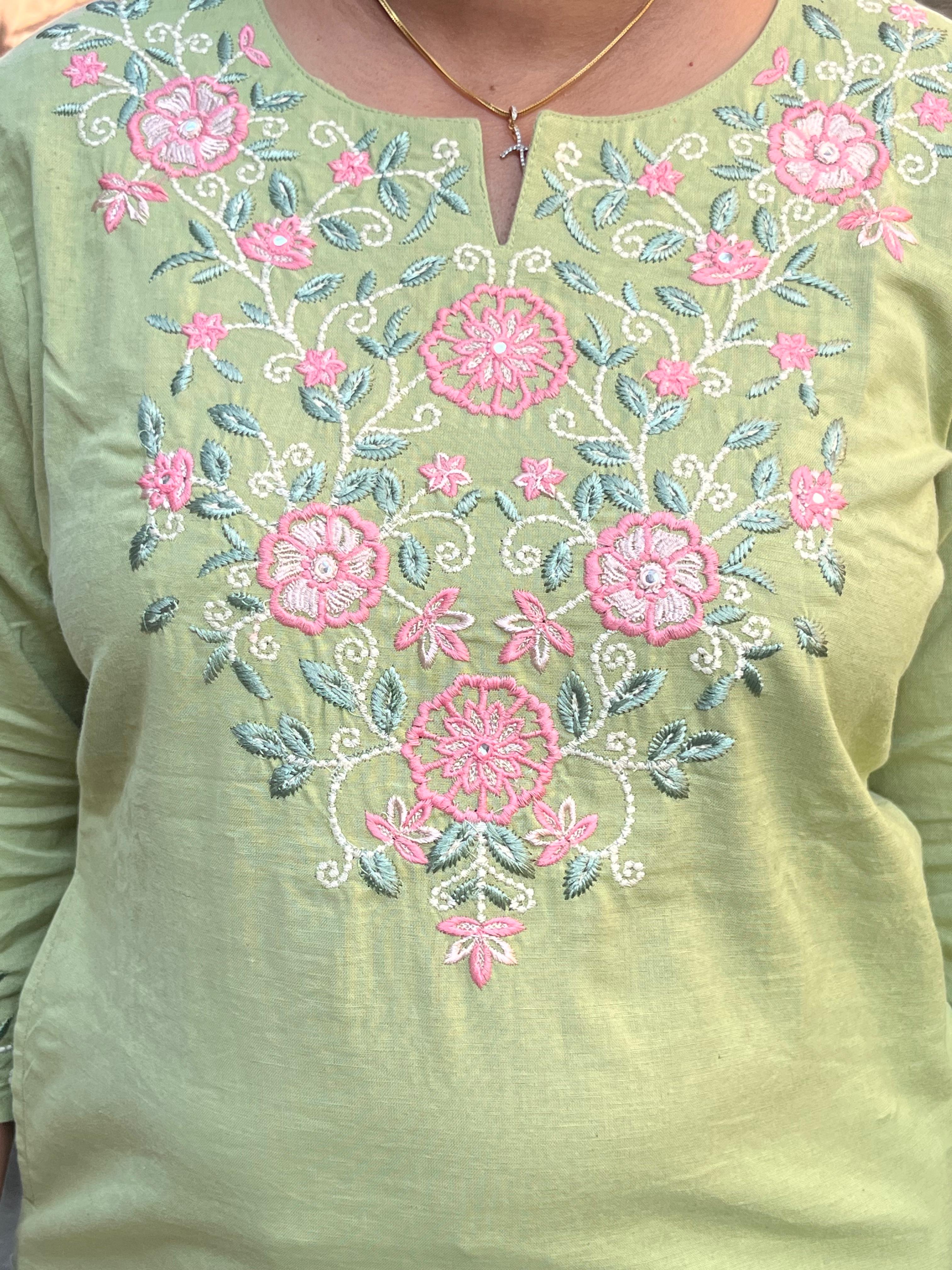 Olive Green Embroidered Flux Cotton Co-ord Set (Top & Bottom with Pockets)