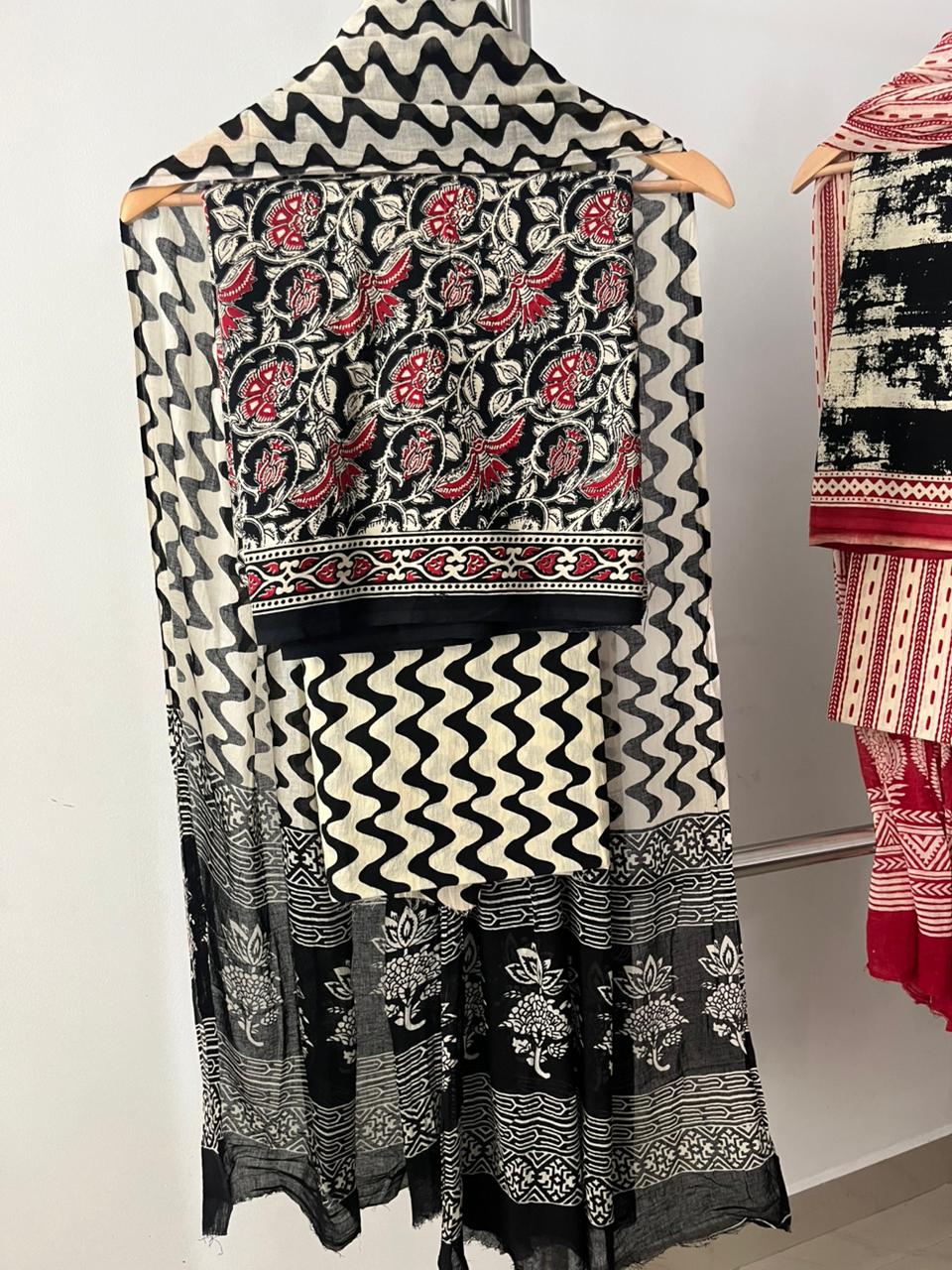 Noir Bloom Pure Cotton Suit Set with Wavy Dupatta (Black–White–Red)