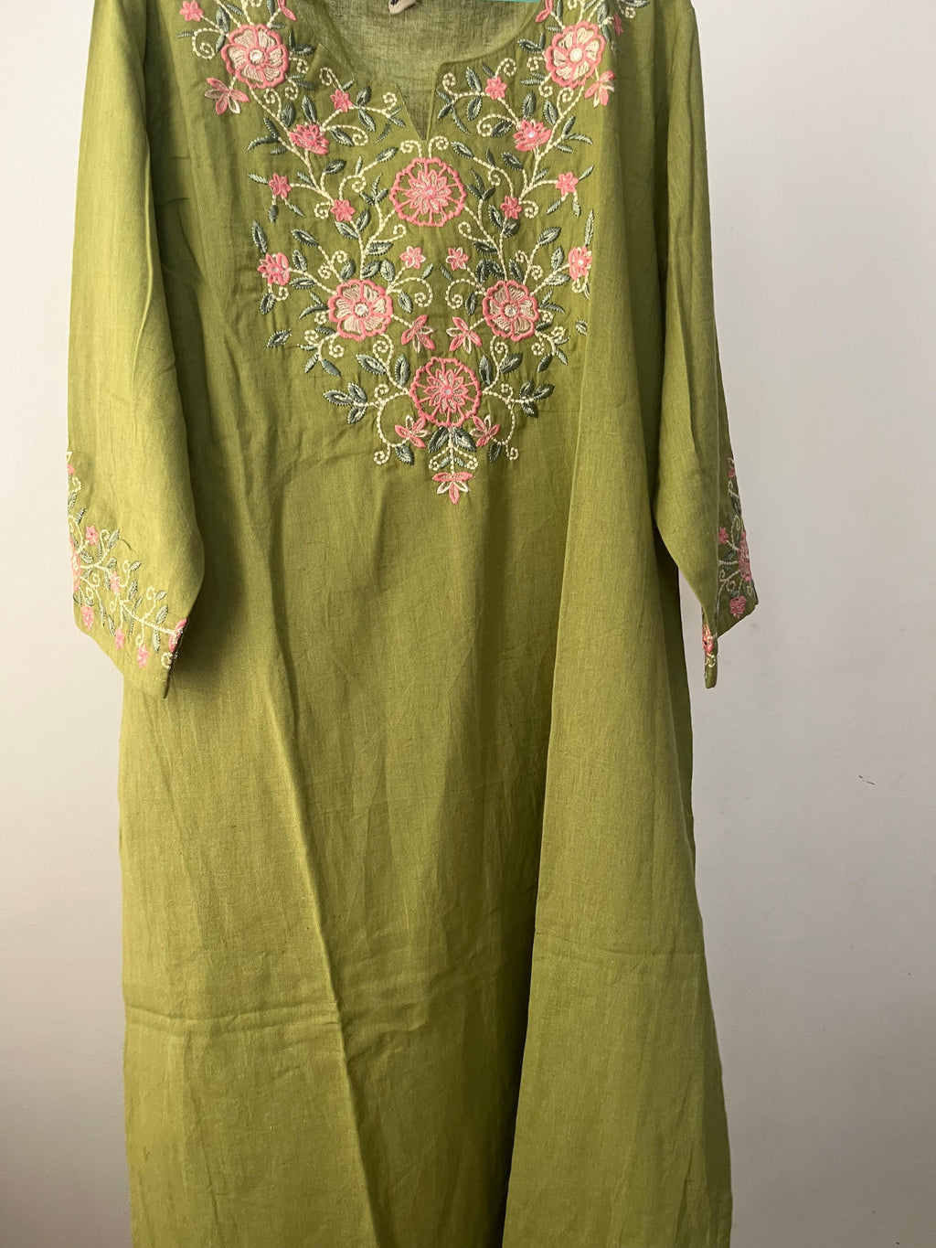 Olive Green Embroidered Flux Cotton Co-ord Set (Top & Bottom with Pockets)