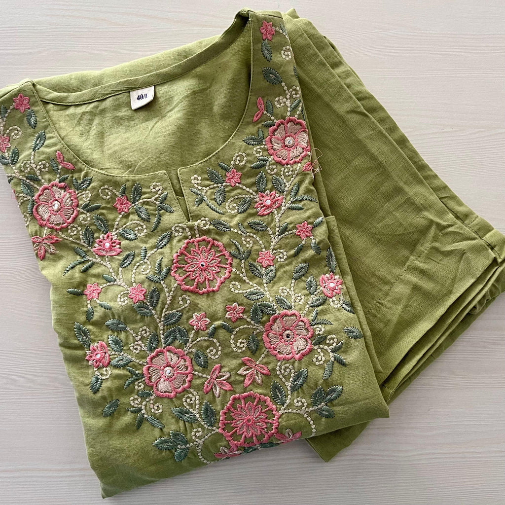 Olive Green Embroidered Flux Cotton Co-ord Set (Top & Bottom with Pockets)