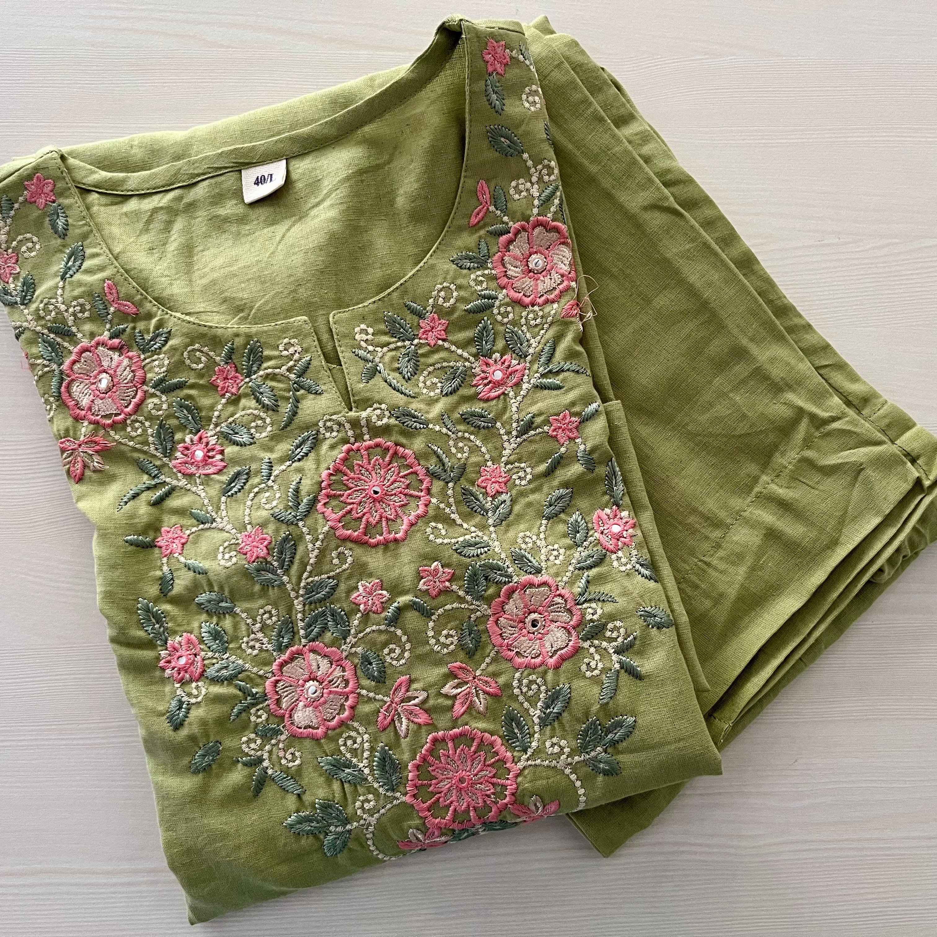 Olive Green Embroidered Flux Cotton Co-ord Set (Top & Bottom with Pockets)