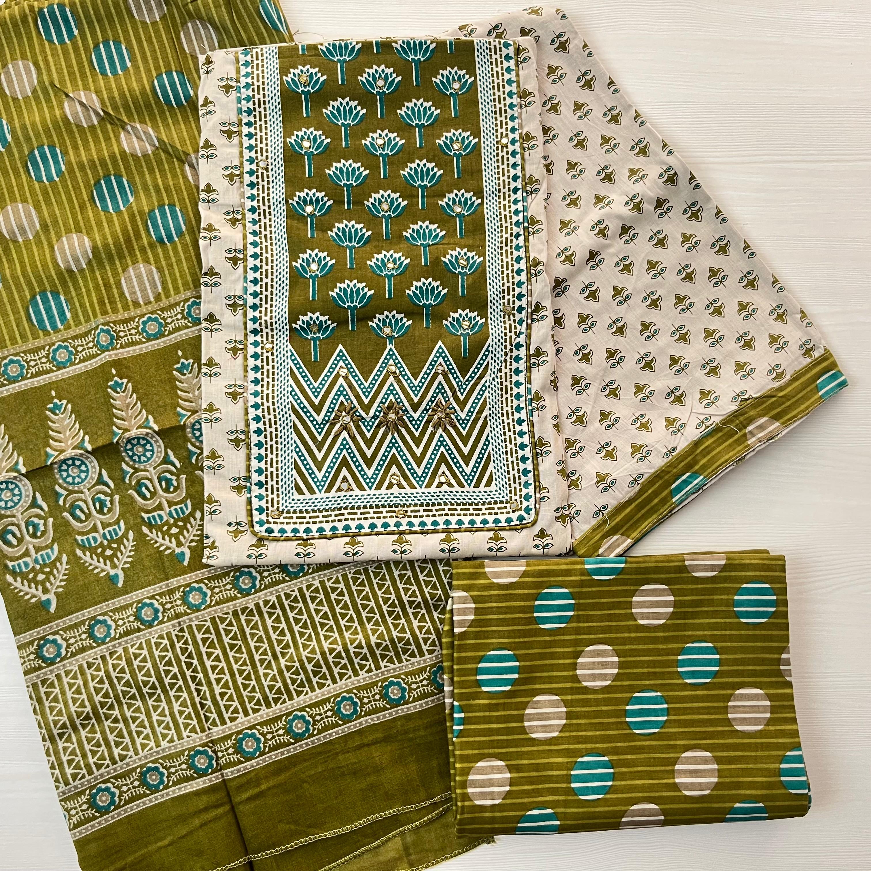 Lotus Maze Block Print - Pure Cotton Suit Material Olive Teal