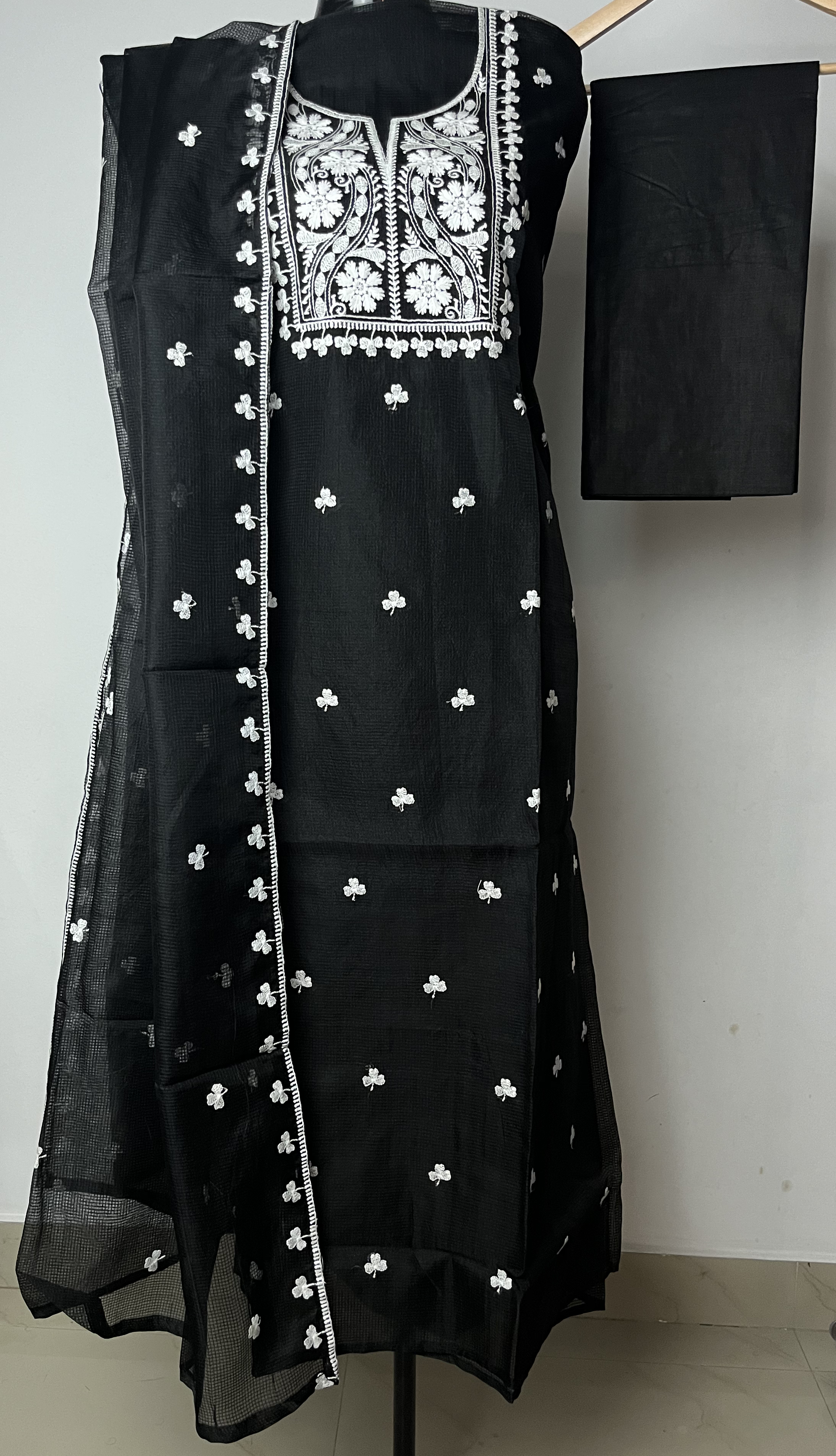 Black Net Kota Suit Set with White Chikankari-Style Embroidery & Motifs Fern Petal