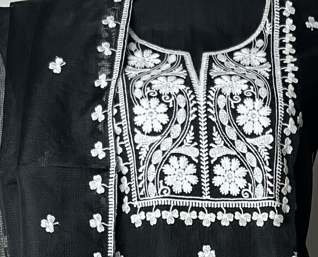Black Net Kota Suit Set with White Chikankari-Style Embroidery & Motifs Fern Petal
