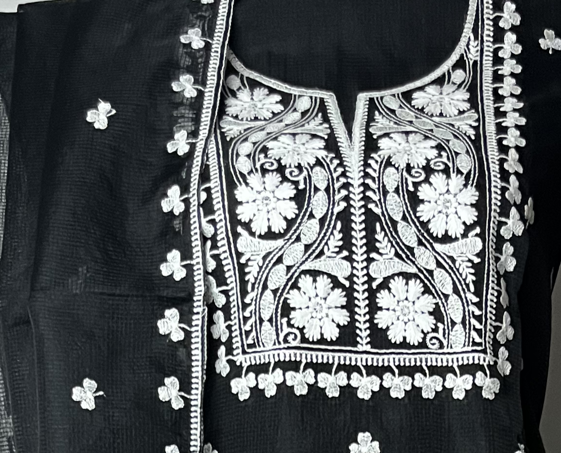 Black Net Kota Suit Set with White Chikankari-Style Embroidery & Motifs Fern Petal