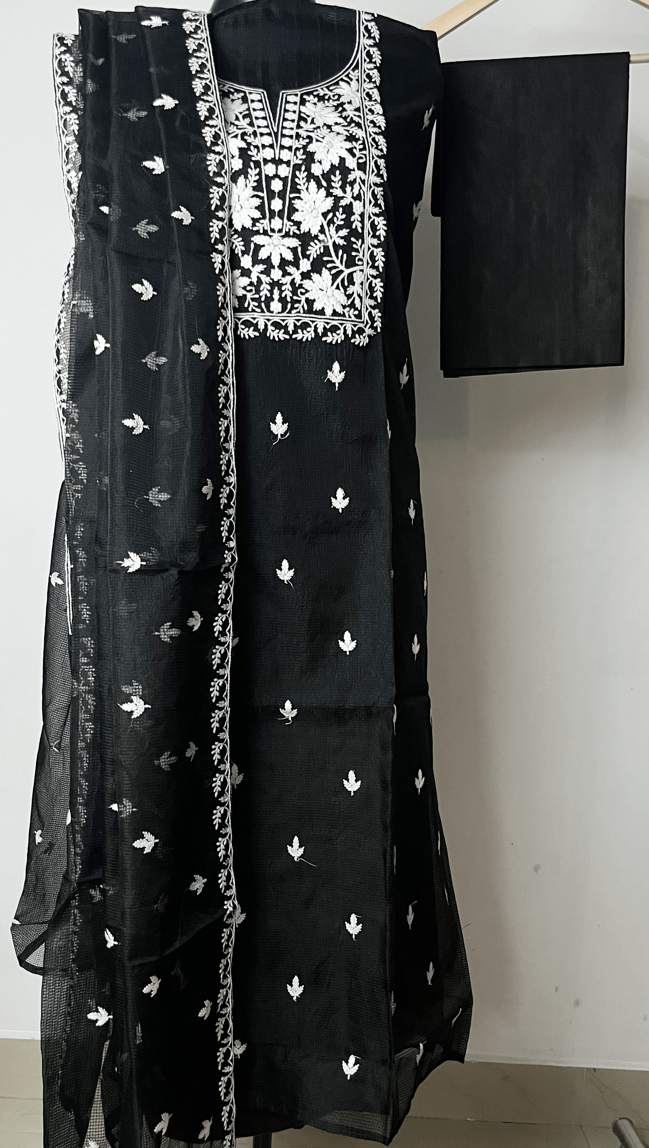 Black Net Kota Suit Set with White Chikankari-Style Embroidery & Motifs Floral Trio