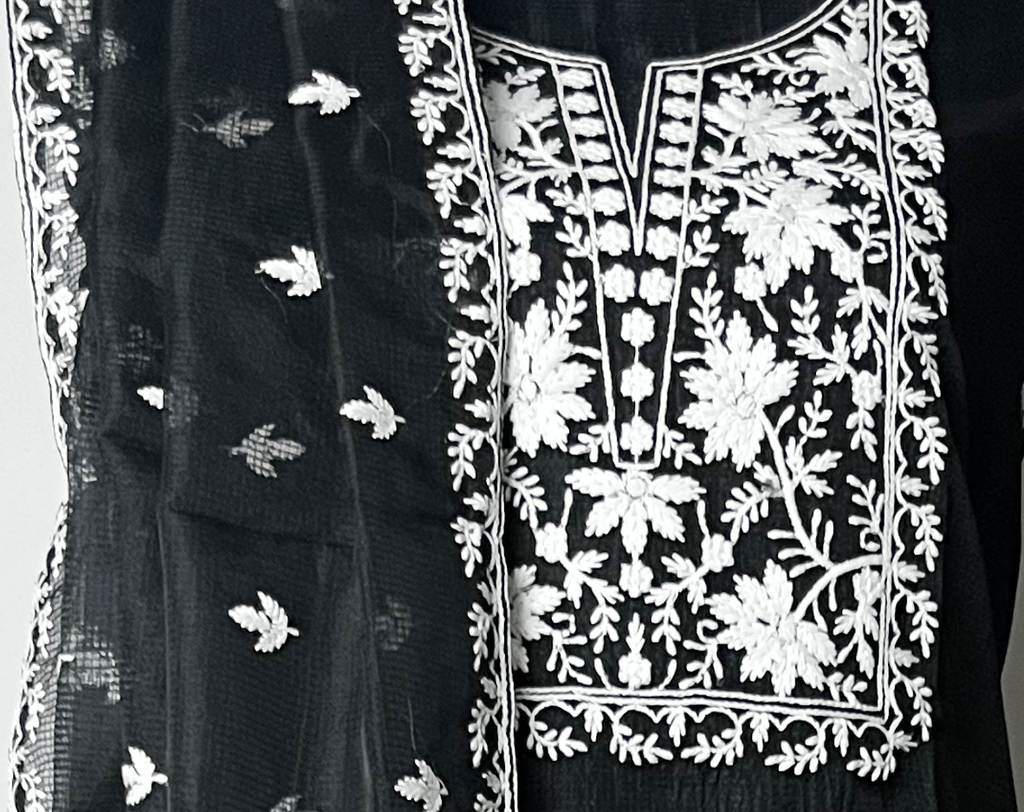 Black Net Kota Suit Set with White Chikankari-Style Embroidery & Motifs Floral Trio