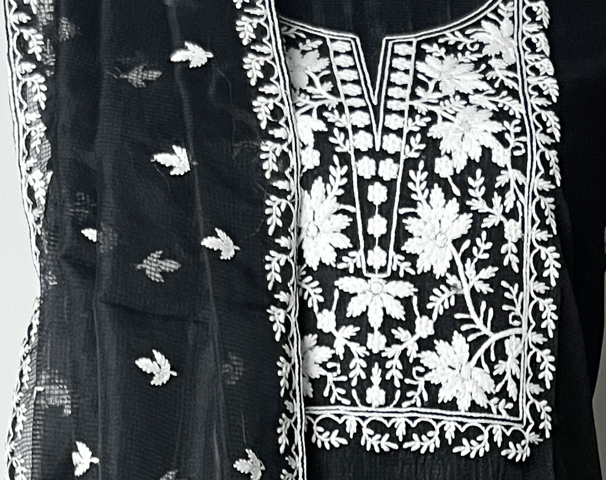 Black Net Kota Suit Set with White Chikankari-Style Embroidery & Motifs Floral Trio