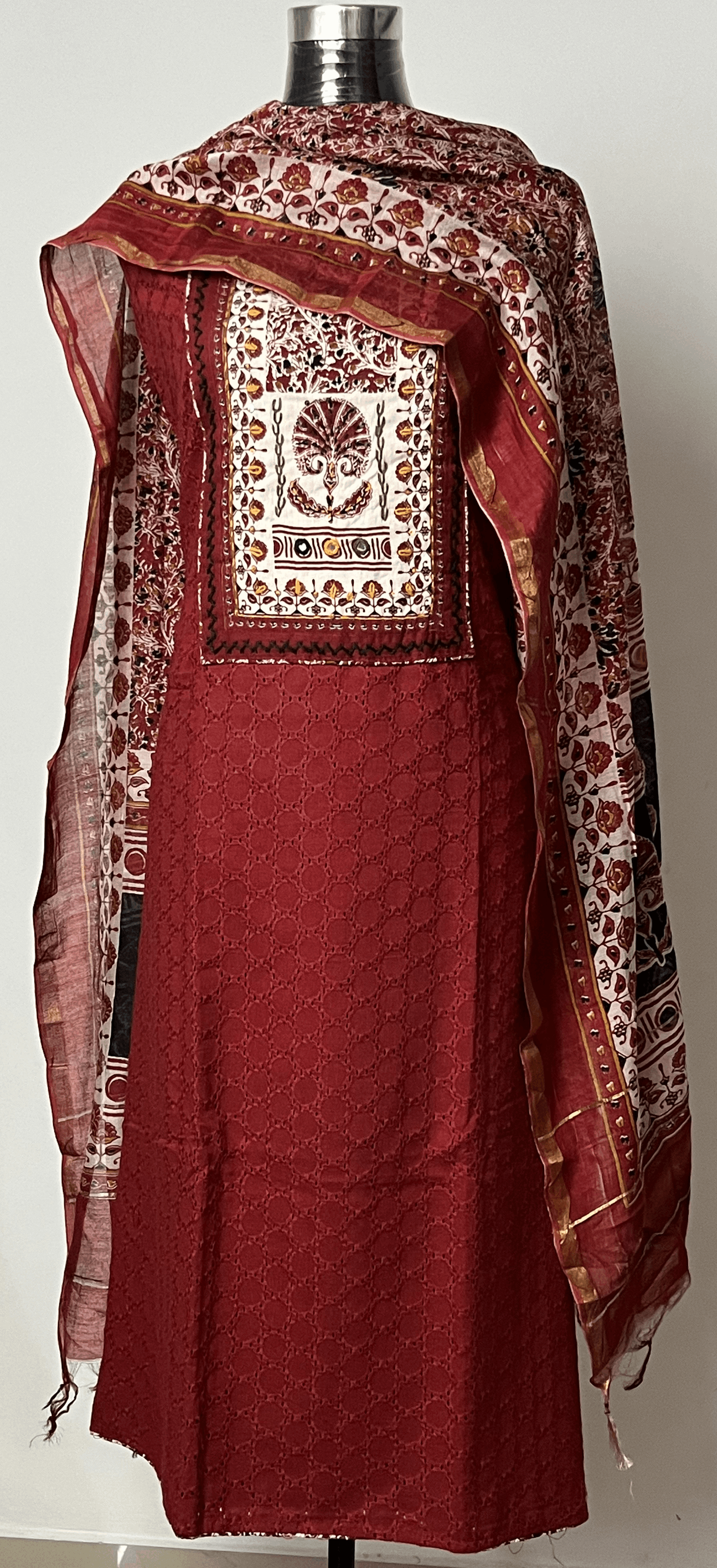 Red Hakoba Cotton Suit Set with Kalamkari Neck & Chanderi Dupatta