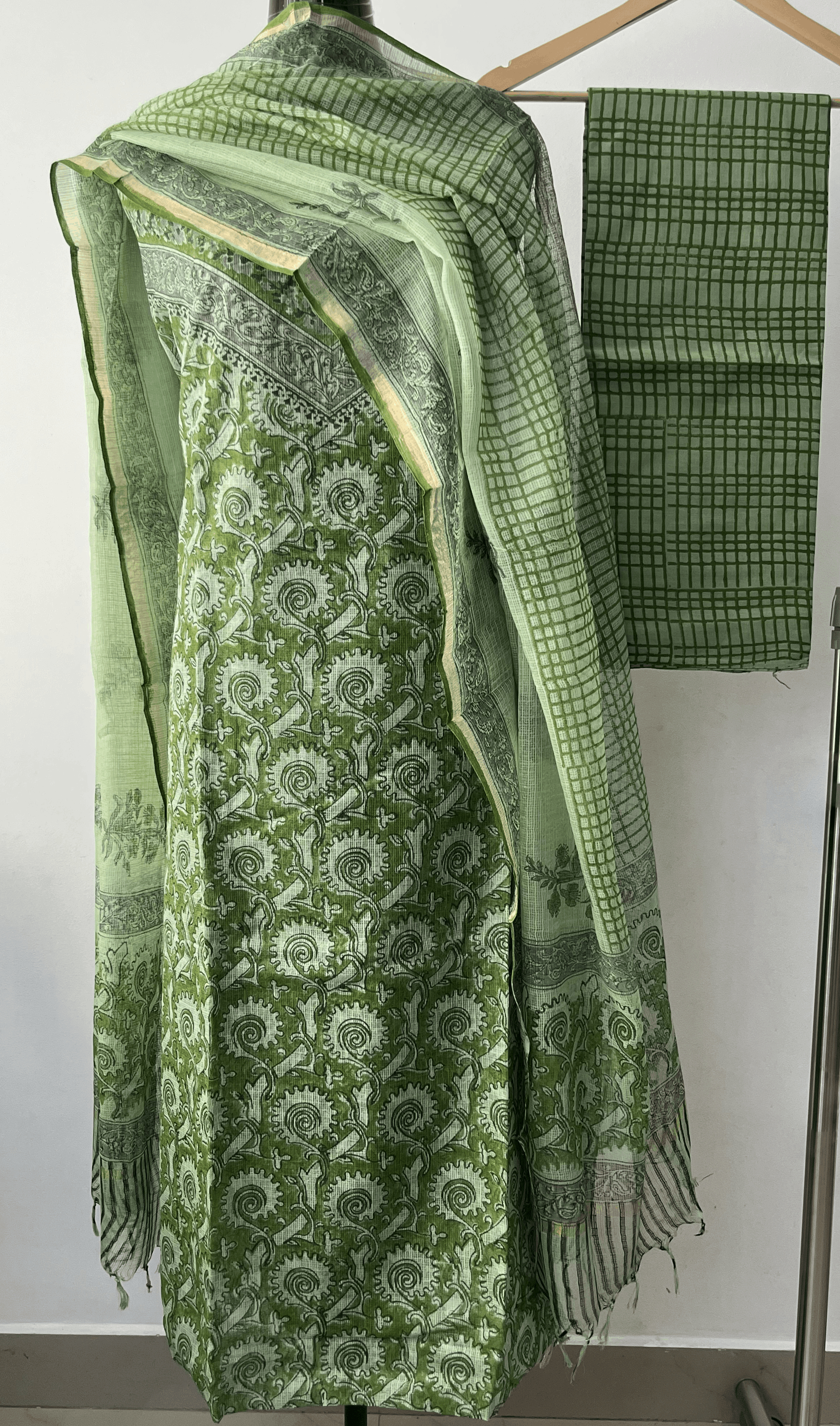 Hand Block Print Inspired Full Net Kota Suit Fern Whisper