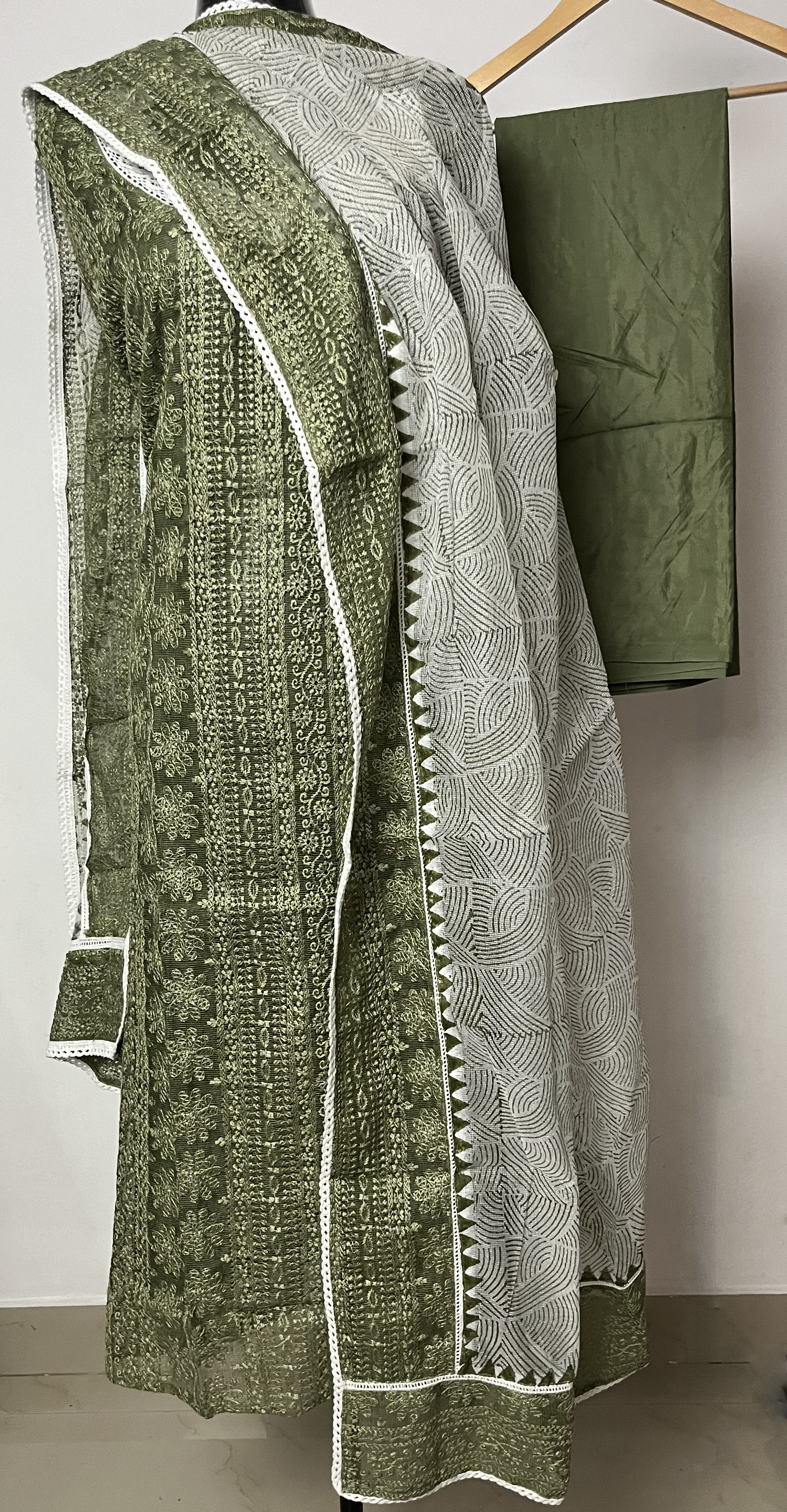 Pista Green Net Kota Suit with Crochet Lace & Chikan Work – Net Kota Dupatta - Satin Bottom Set