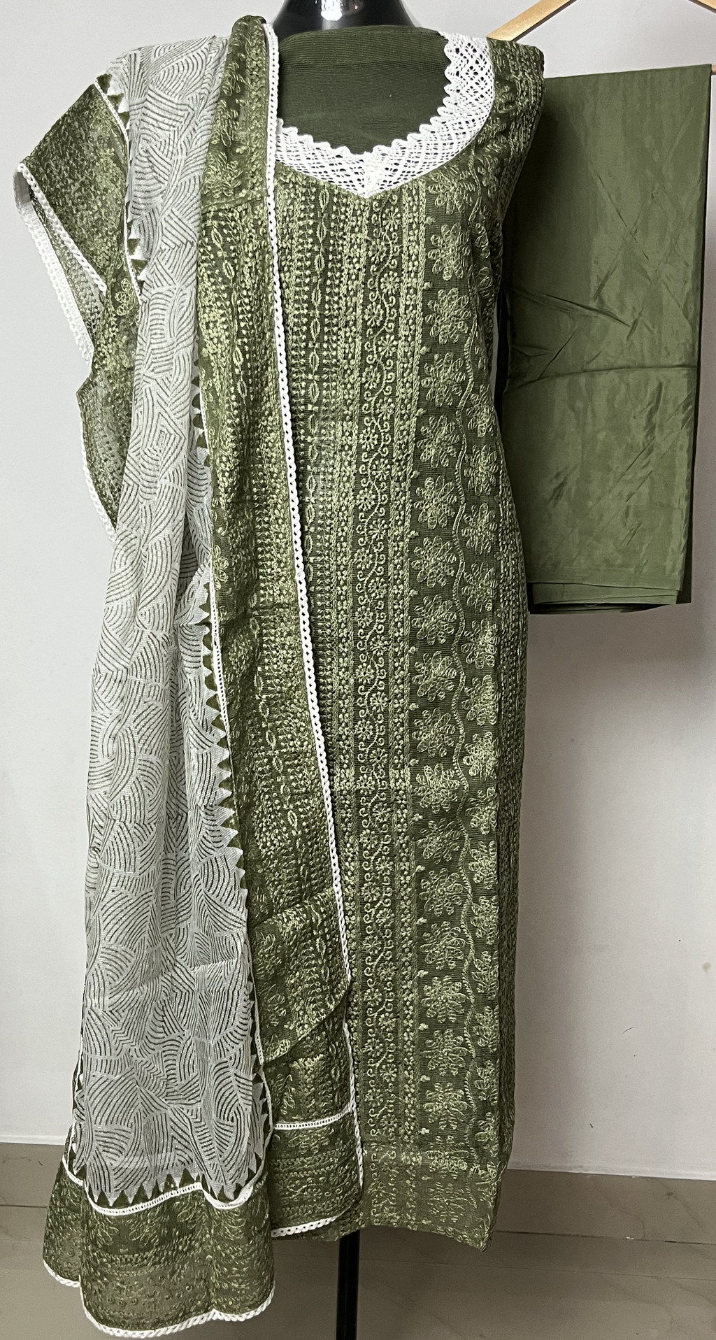 Pista Green Net Kota Suit with Crochet Lace & Chikan Work – Net Kota Dupatta - Satin Bottom Set