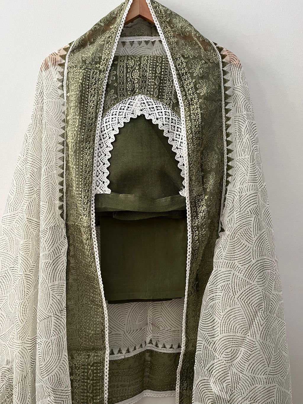 Pista Green Net Kota Suit with Crochet Lace & Chikan Work – Net Kota Dupatta - Satin Bottom Set
