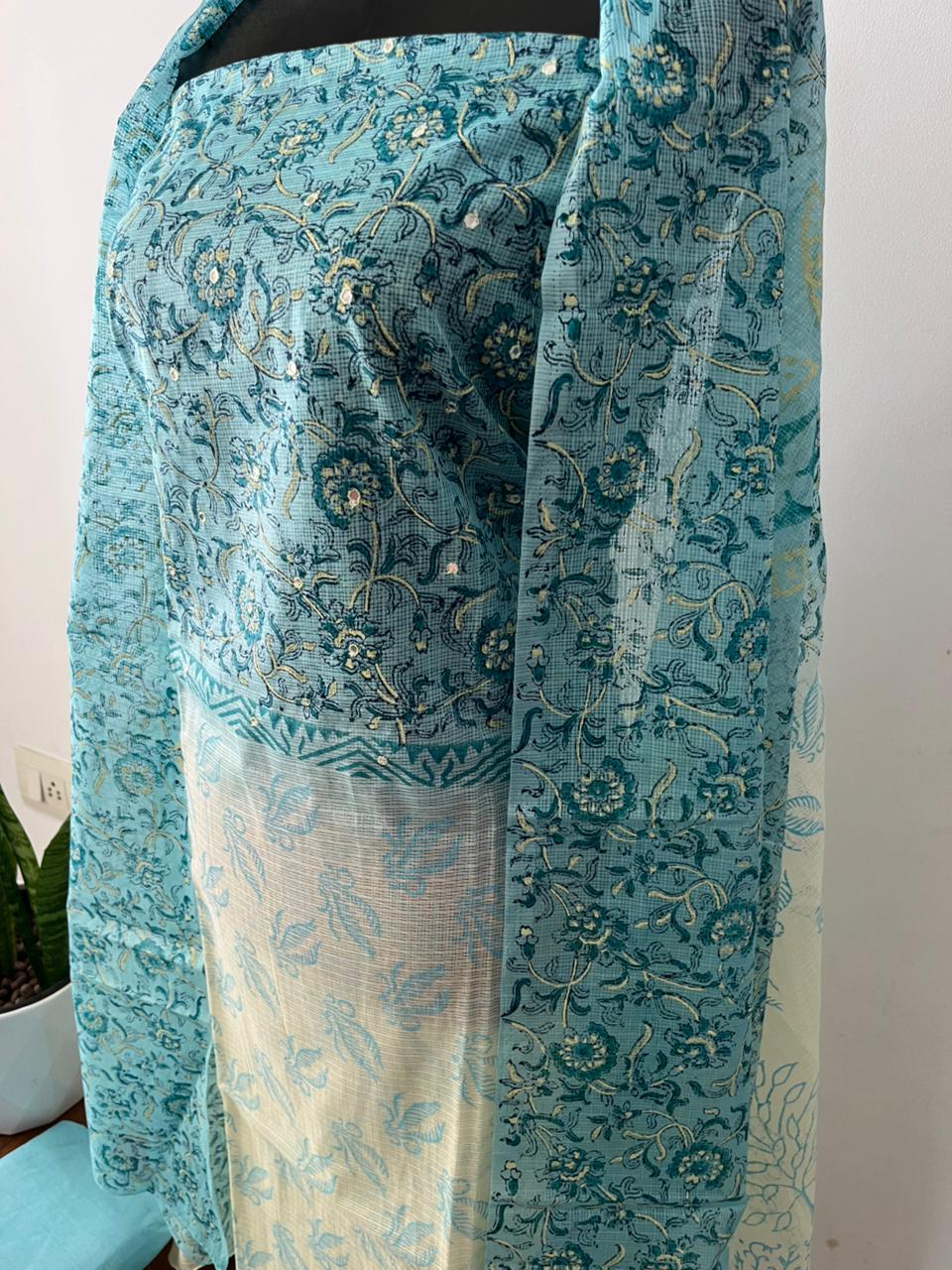Aqua Blue Net Kota Suit Material with Mirror Work | Net Kota Dupatta & Cotton Bottom