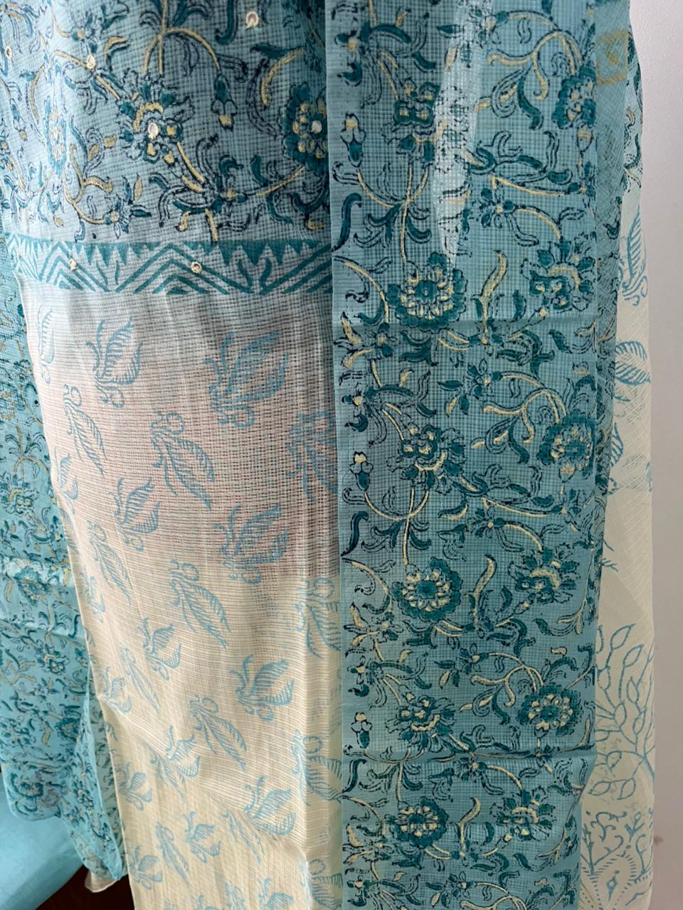 Aqua Blue Net Kota Suit Material with Mirror Work | Net Kota Dupatta & Cotton Bottom