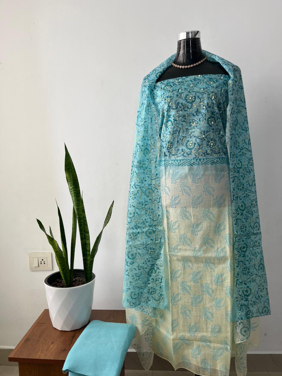 Aqua Blue Net Kota Suit Material with Mirror Work | Net Kota Dupatta & Cotton Bottom