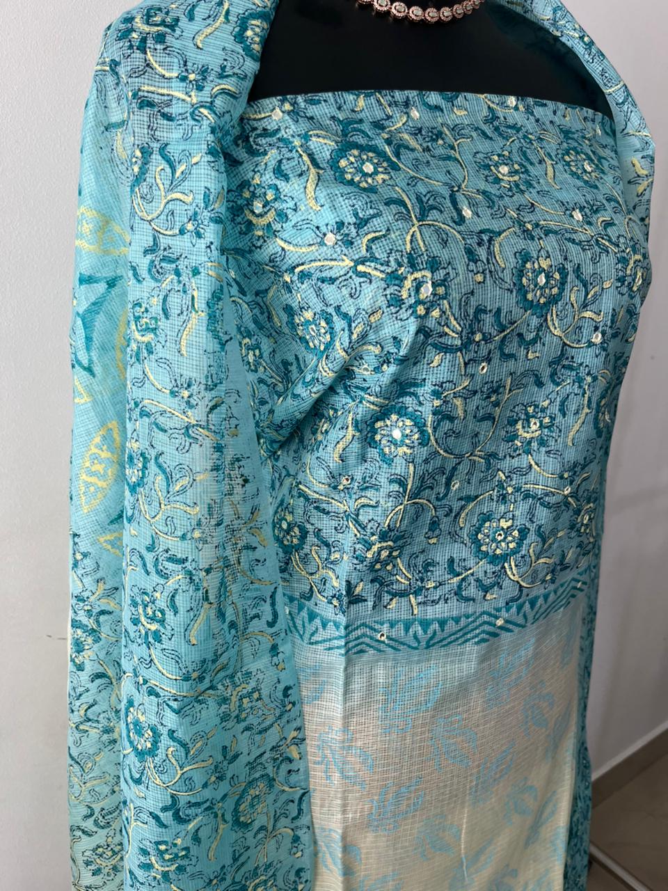 Aqua Blue Net Kota Suit Material with Mirror Work | Net Kota Dupatta & Cotton Bottom