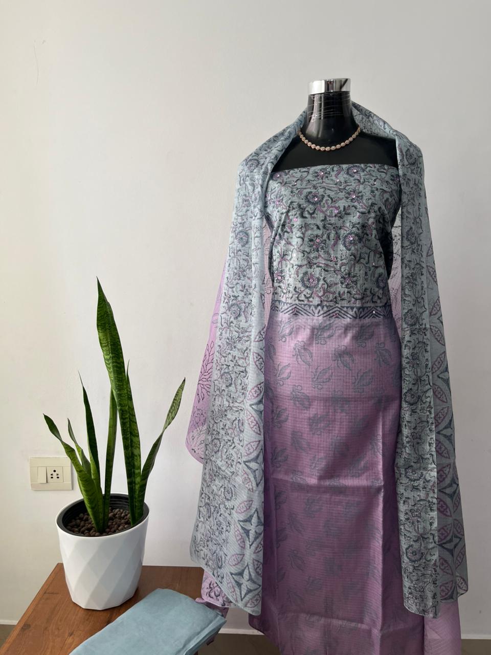 Dove Grey & Lilac Net Kota Suit Material with Mirror Work | Net Kota Dupatta & Cotton Bottom