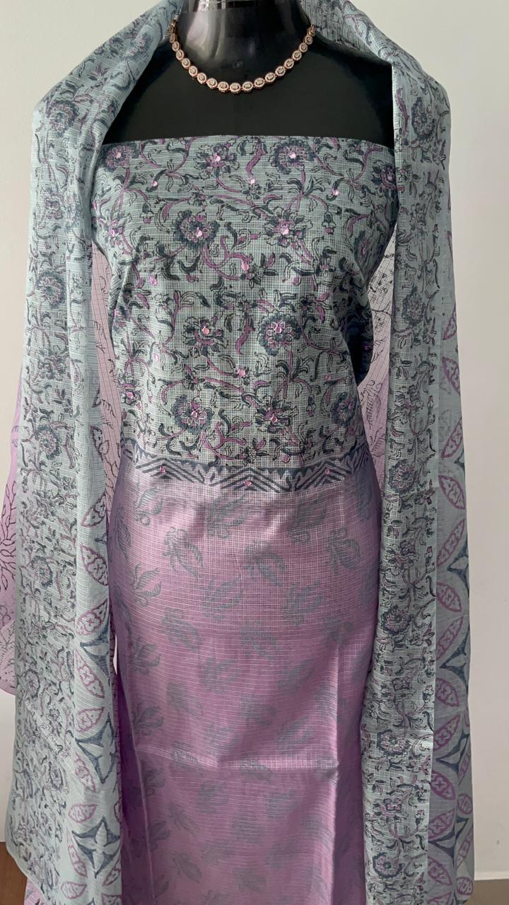 Dove Grey & Lilac Net Kota Suit Material with Mirror Work | Net Kota Dupatta & Cotton Bottom