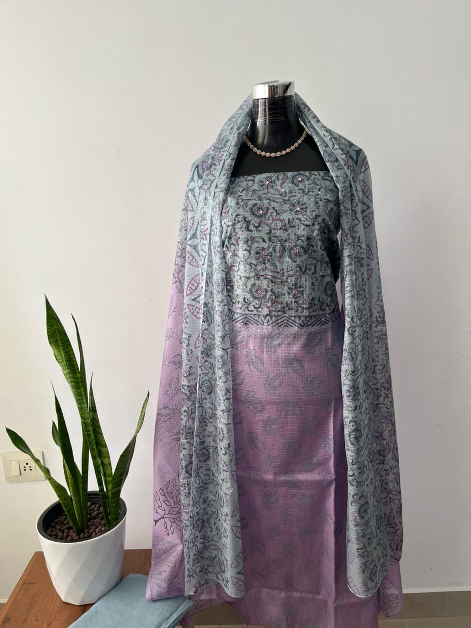 Dove Grey & Lilac Net Kota Suit Material with Mirror Work | Net Kota Dupatta & Cotton Bottom