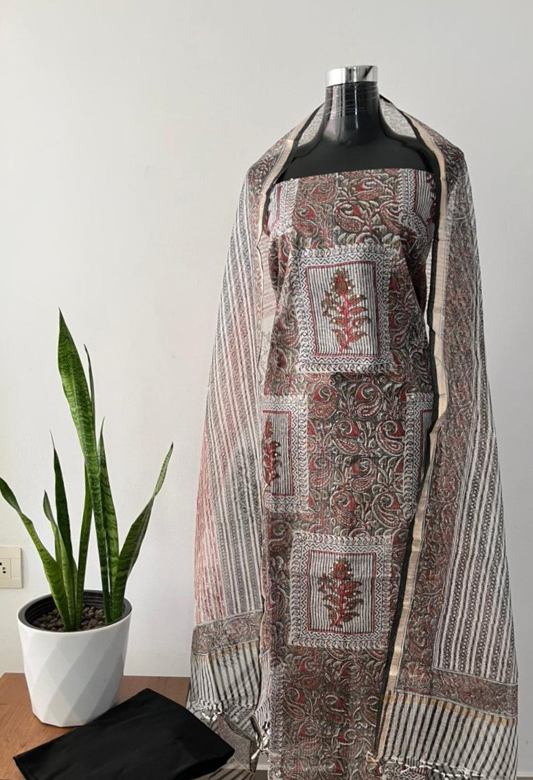 Walnut Brown Net Kota Suit Material with Printed Net Kota Dupatta & Cotton Bottom