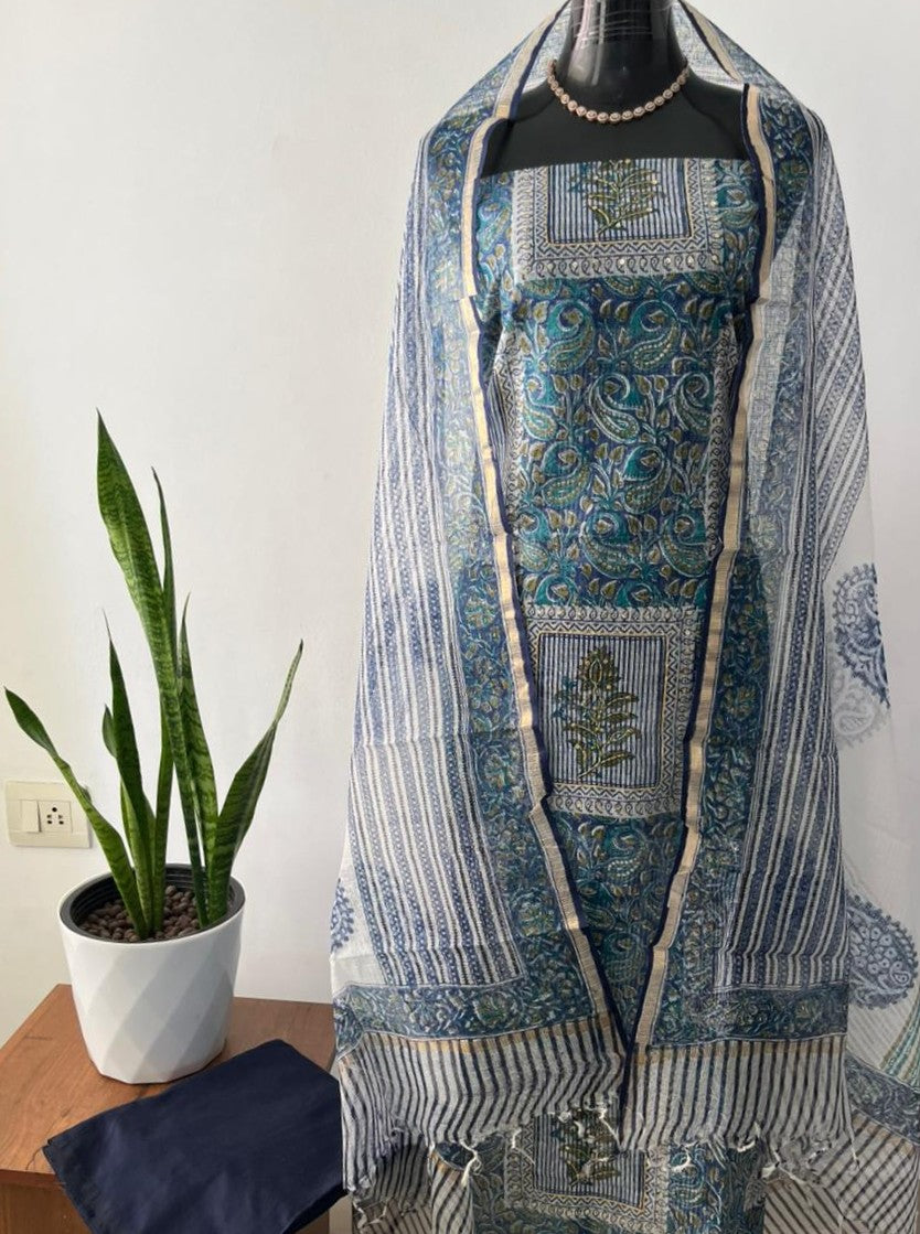 Teal Blue Net Kota Suit Material with Printed Net Kota Dupatta & Cotton Bottom