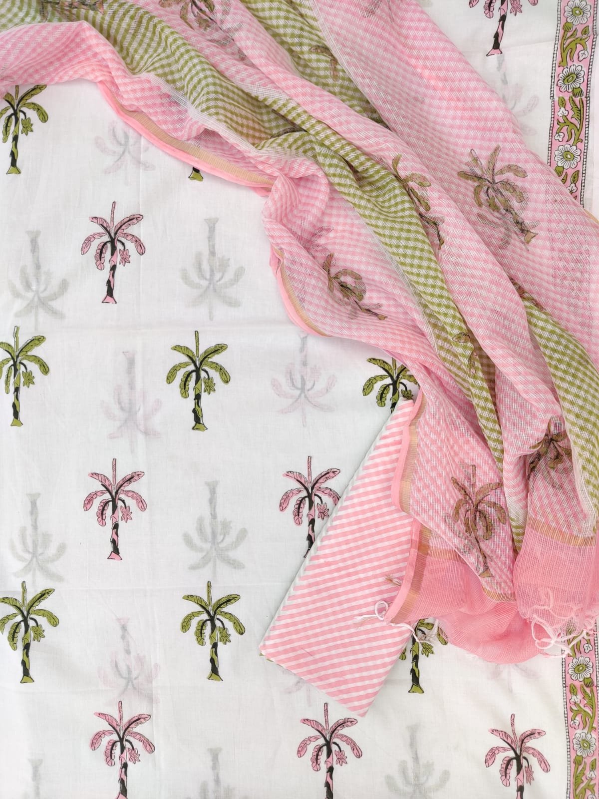 Hand Block Printed Cotton Suit with Cotton Kota Doria Dupatta Palm Bay