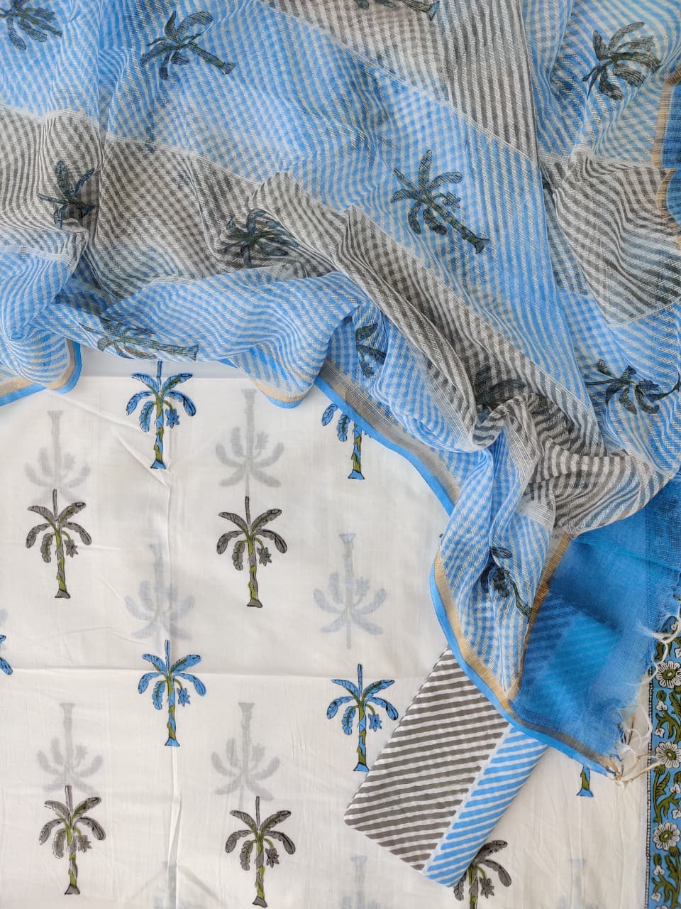 Hand Block Printed Cotton Suit with Cotton Kota Doria Dupatta Palm Blue