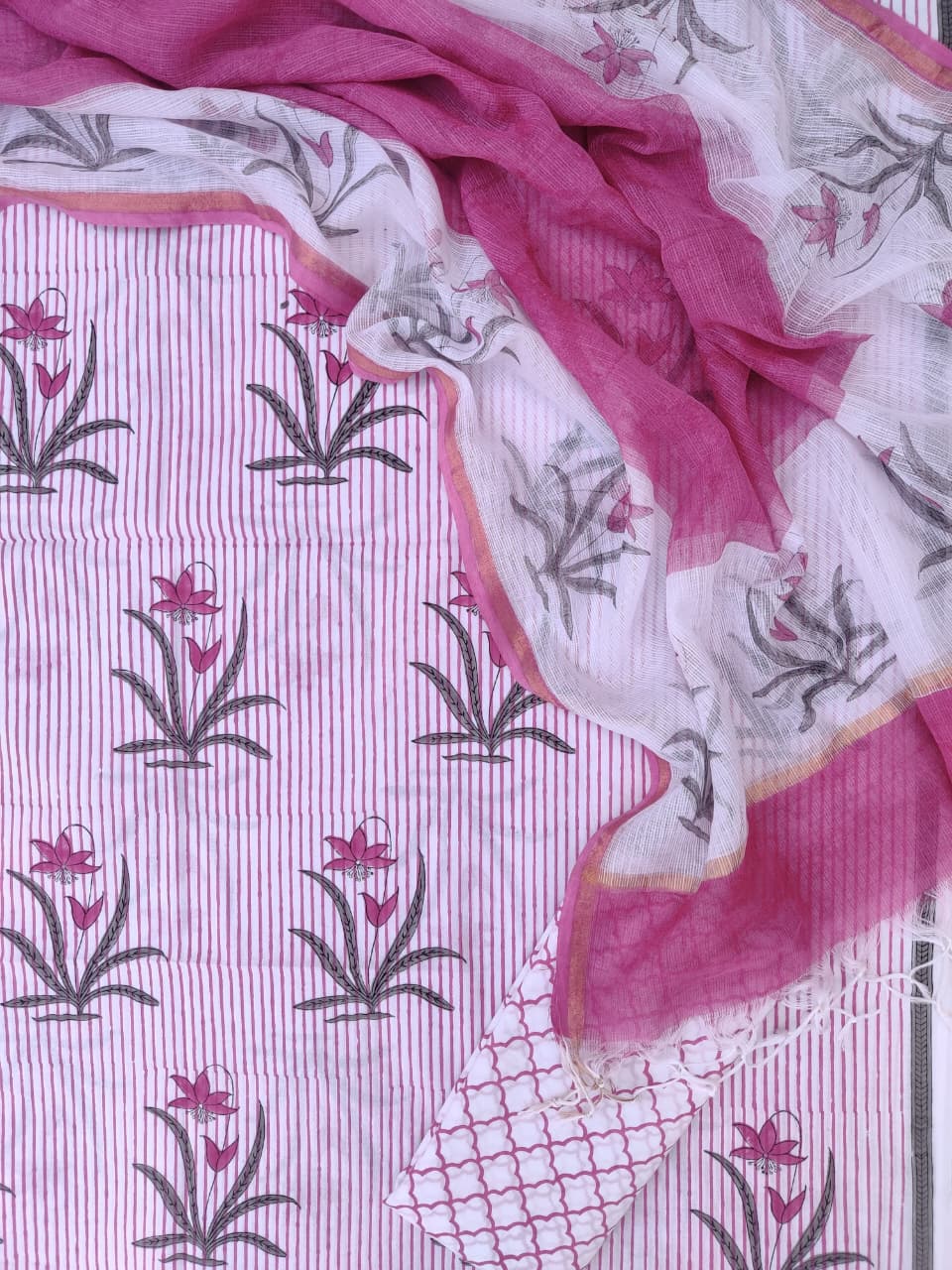 Hand Block Printed Cotton Suit with Cotton Kota Doria Dupatta Petal Stripe