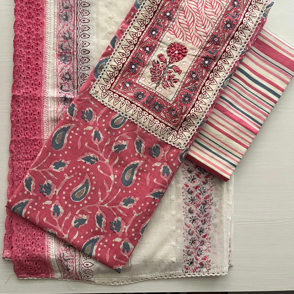 Premium Full Cotton Pink Paisley Suit Set with Embroidered Neck & Lace Dupatta