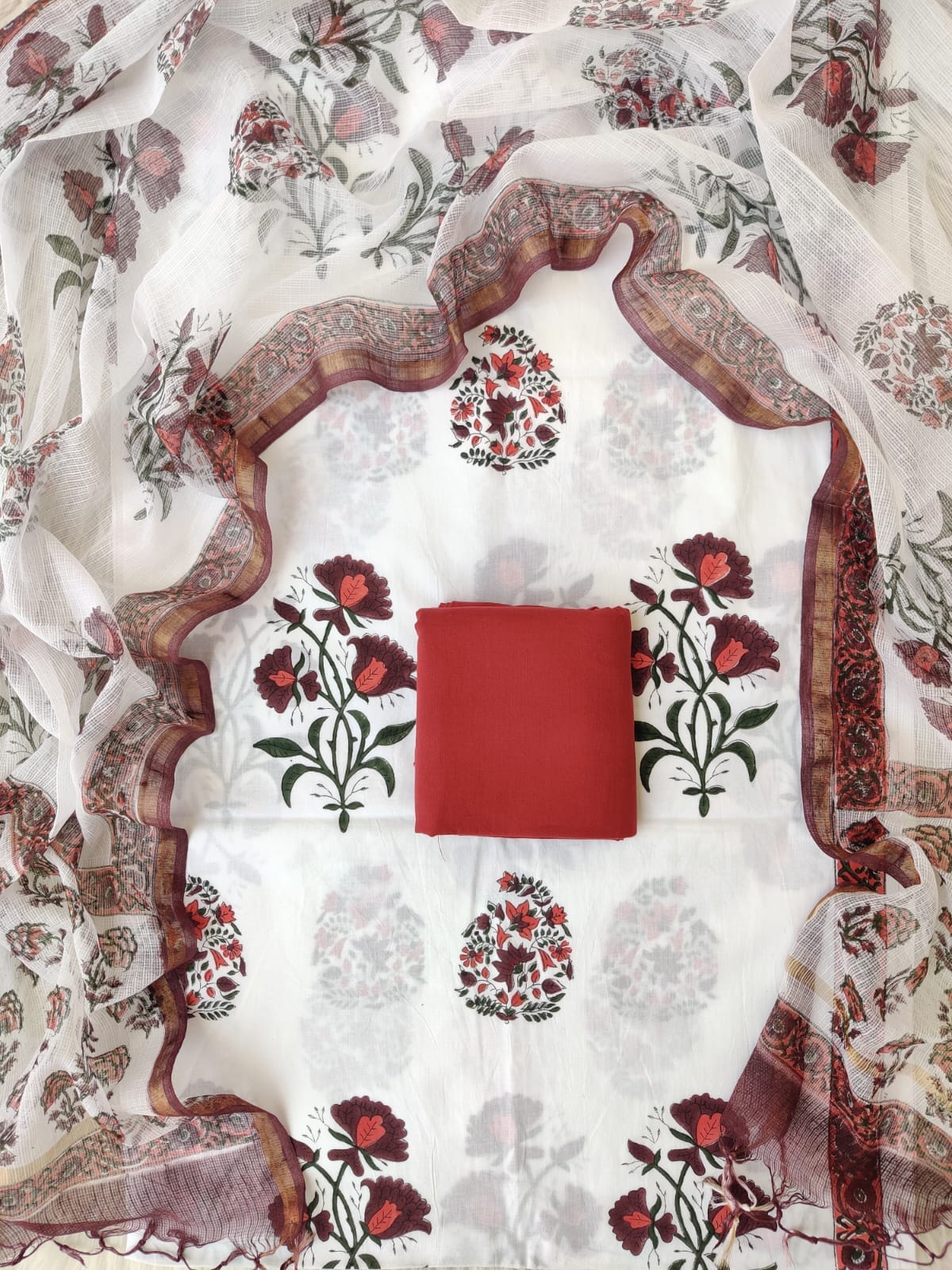 Hand Block Printed Cotton Suit with Cotton Kota Doria Dupatta Red Rose