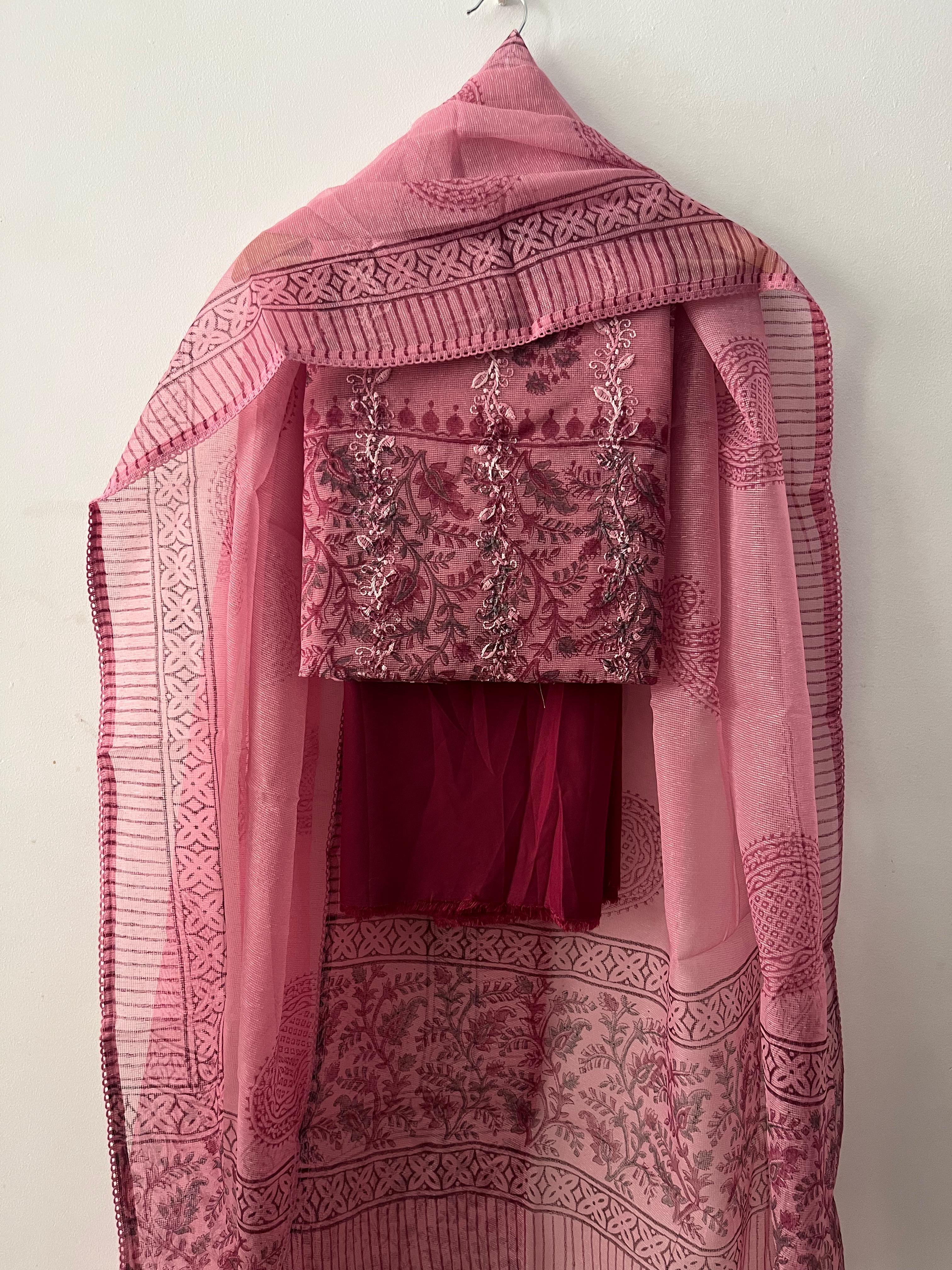 Rosewood Pink Kota Suit with Heavy Thread Embroidery – Net Kota Dupatta - Cotton Bottom Set