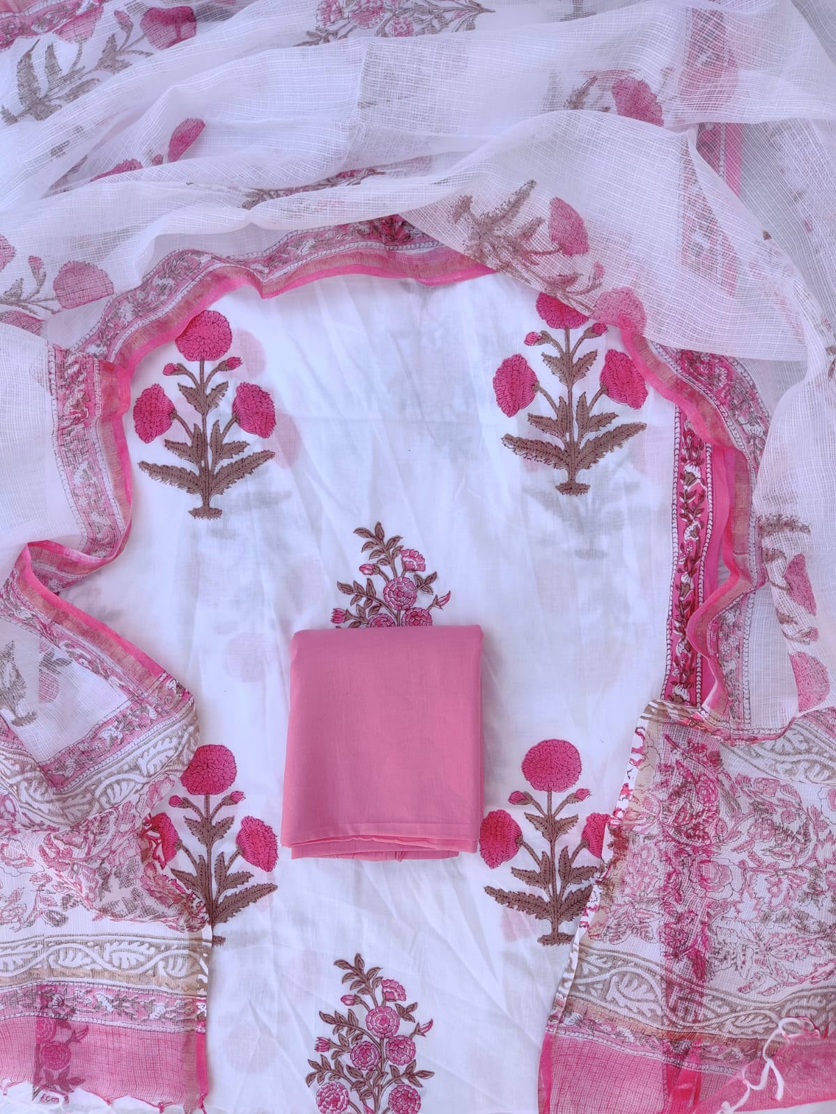 Hand Block Printed Cotton Suit with Cotton Kota Doria Dupatta Rosy Charm