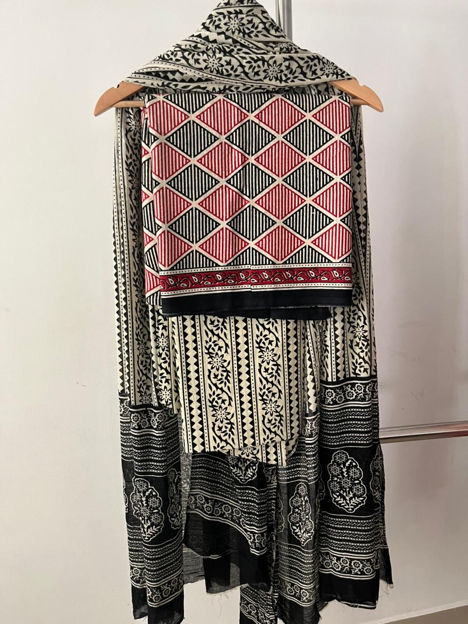 Ruby Lines Pure Cotton Suit Set with Mulmul Dupatta (Black–Beige–Red)