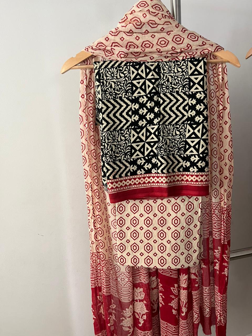 Saffron Patch Pure Cotton Suit Set with Soft Dupatta (Beige–Red–Black)