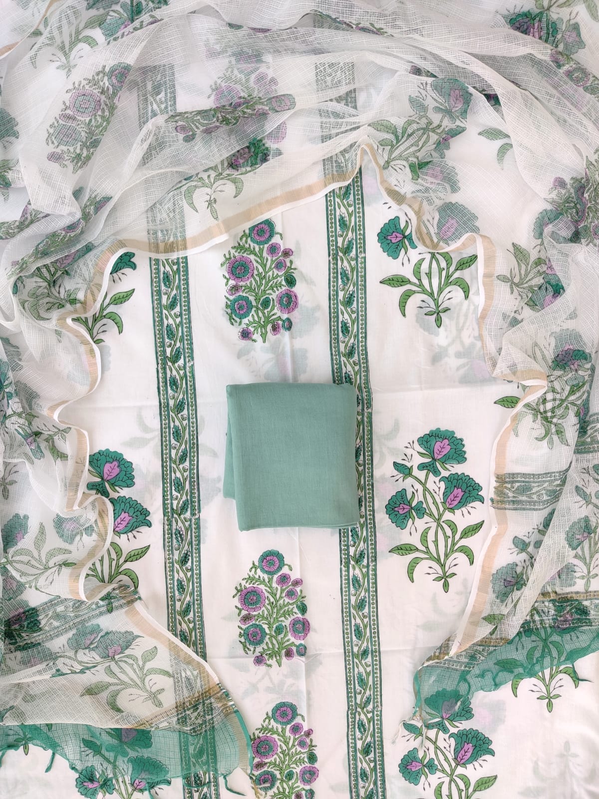 Hand Block Printed Cotton Suit with Cotton Kota Doria Dupatta Sage Bloom