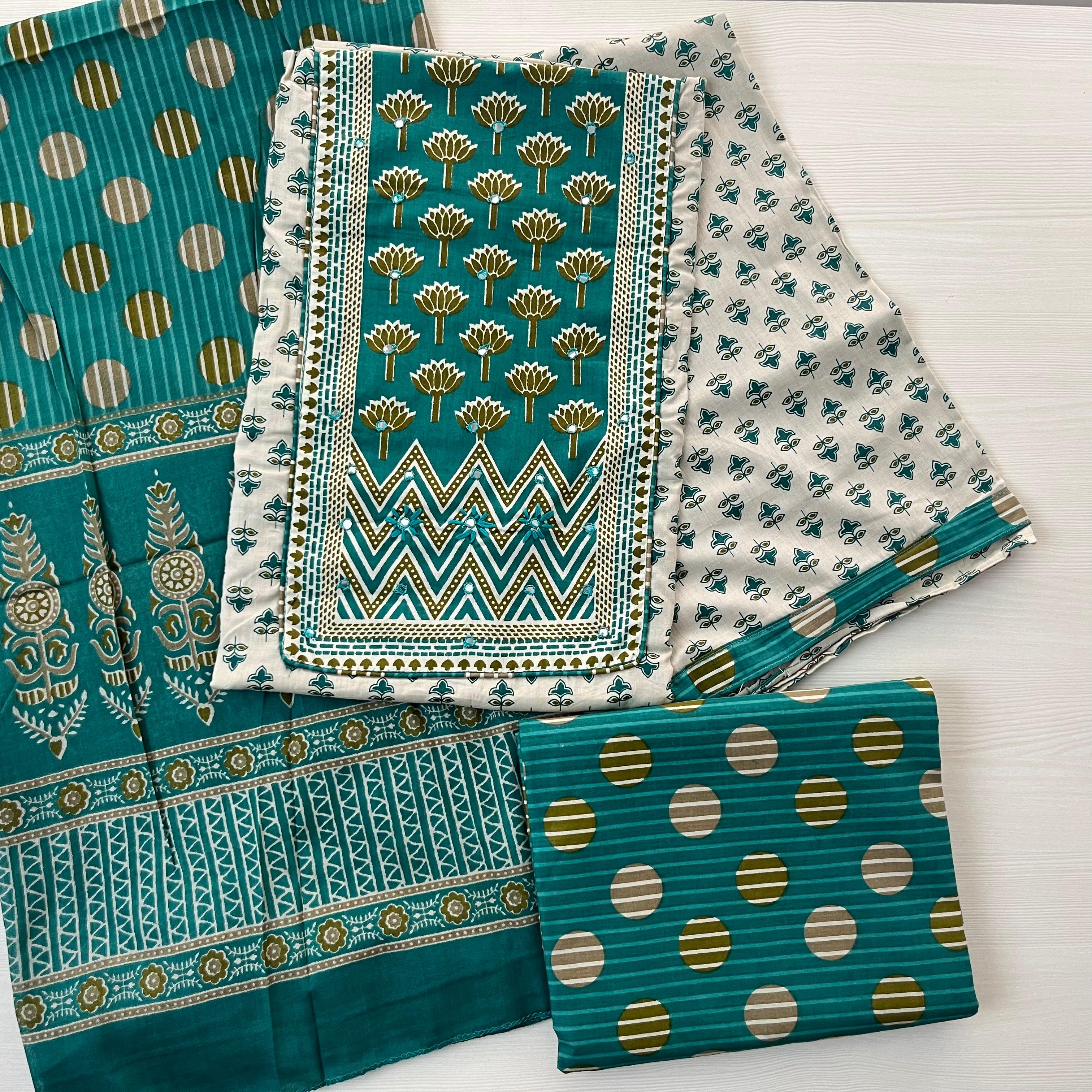 Lotus Maze Block Print - Pure Cotton Suit Material Sea Teal