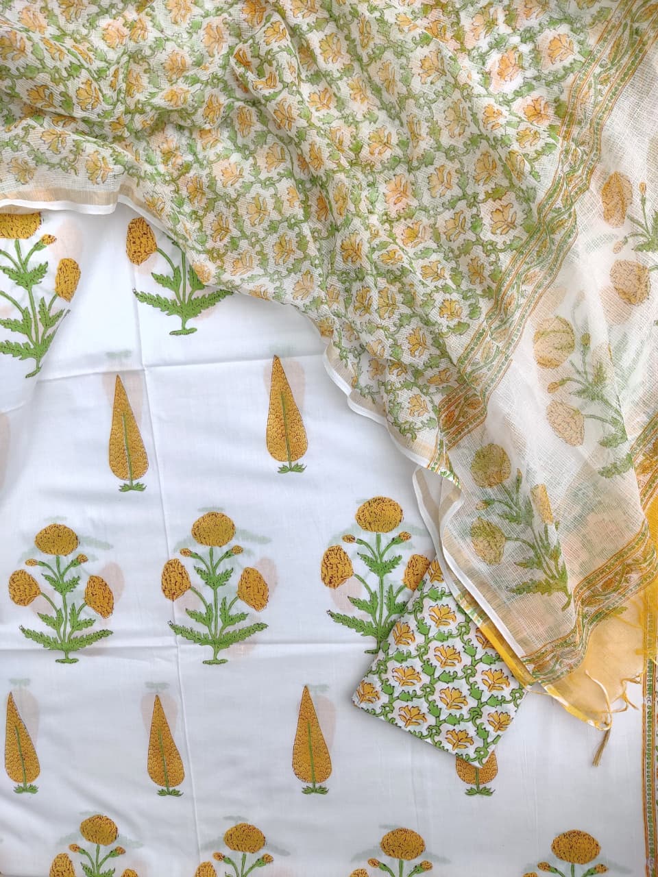 Hand Block Printed Cotton Suit with Cotton Kota Doria Dupatta Sunny Foliage
