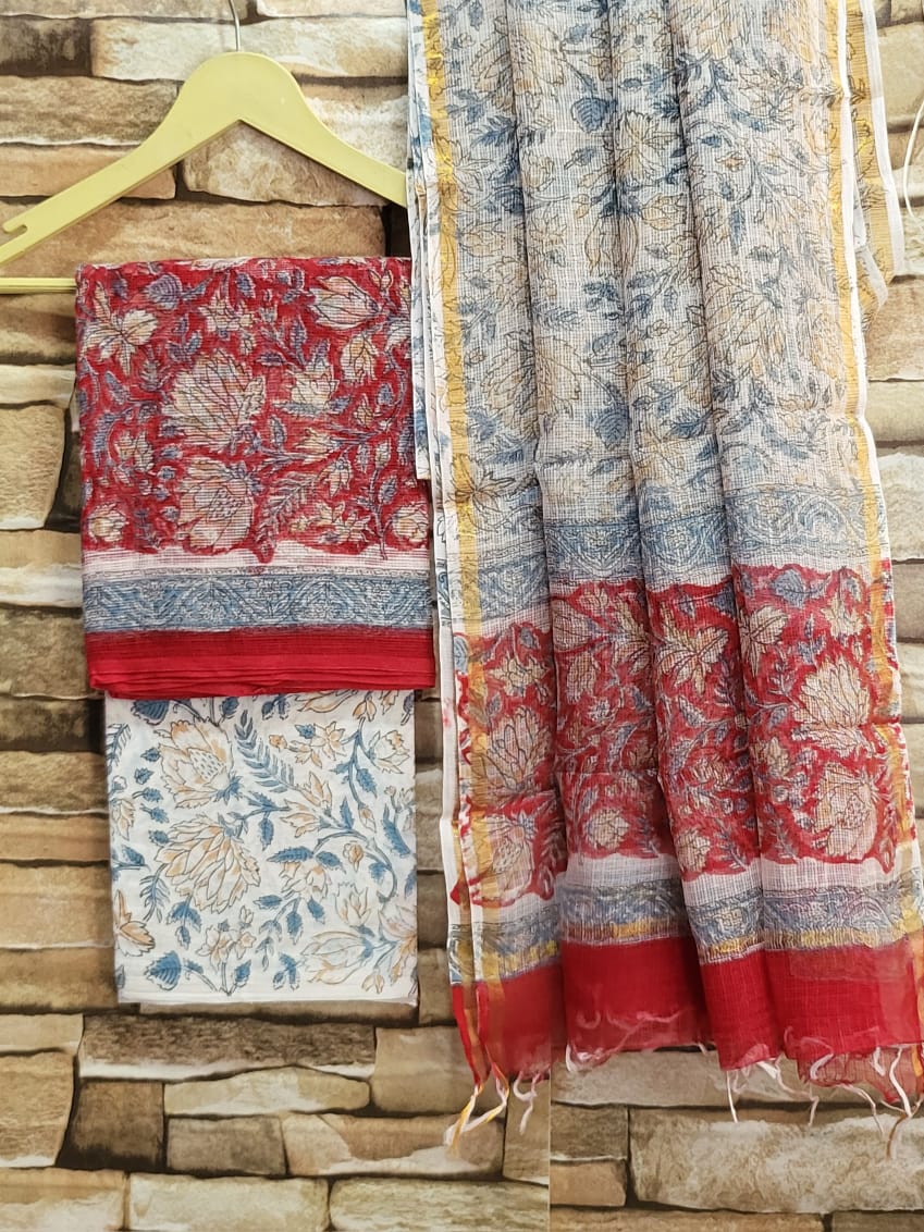 Hand Block Printed Full Kota Suit Red Flora