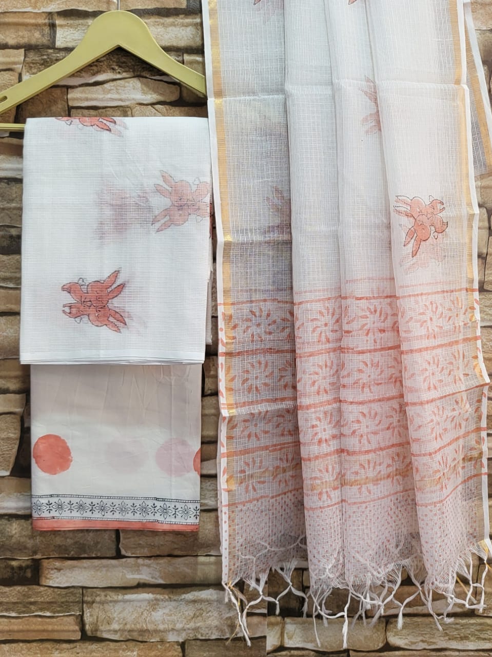 Hand Block Printed Full Kota Suit Peach Breeze