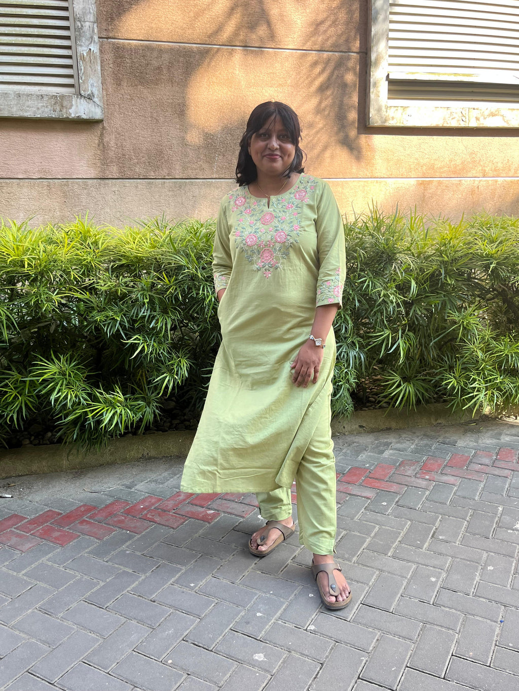 Olive Green Embroidered Flux Cotton Co-ord Set (Top & Bottom with Pockets)