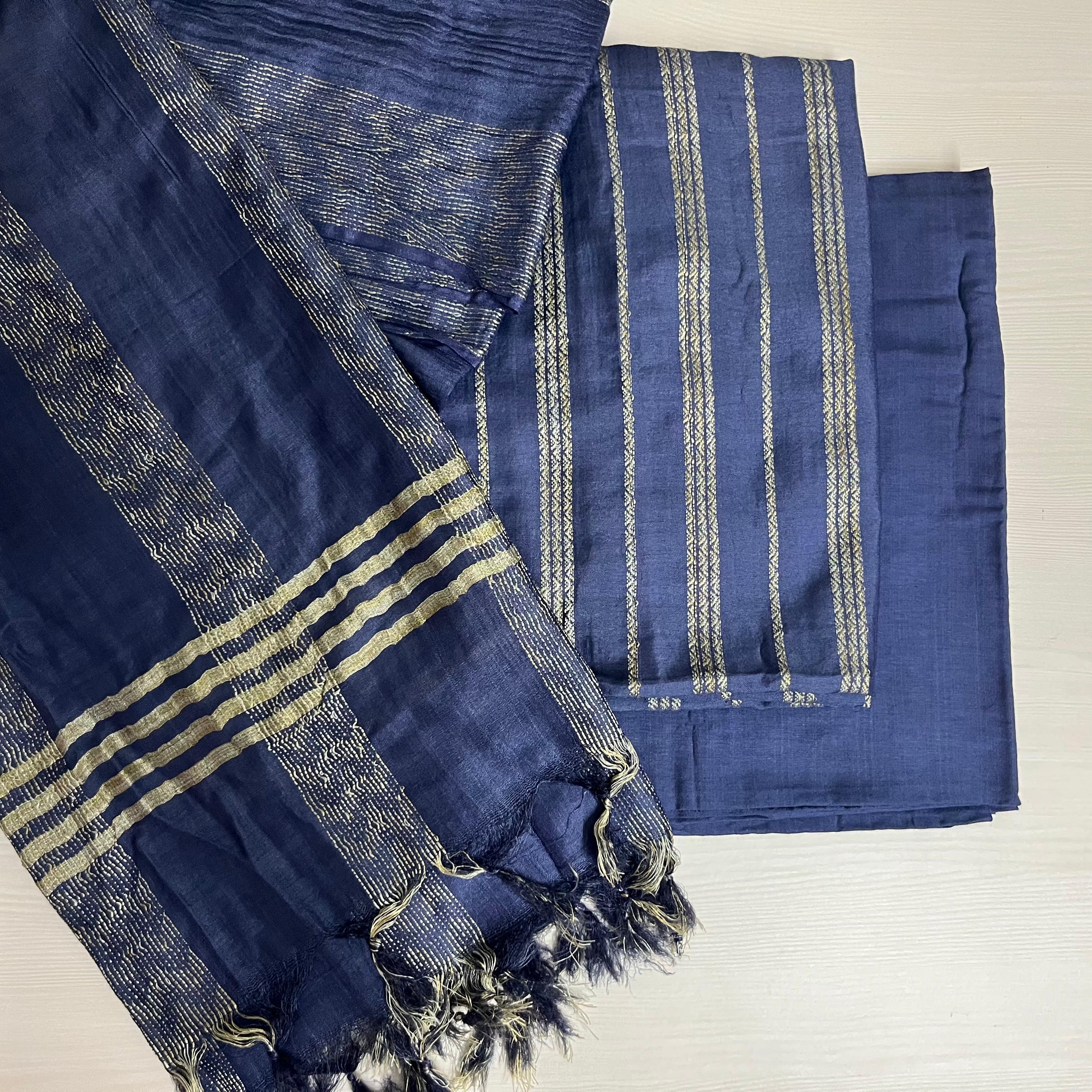 Premium Navy Blue Cotton Silk Suit Material with Woven Zari Stripes