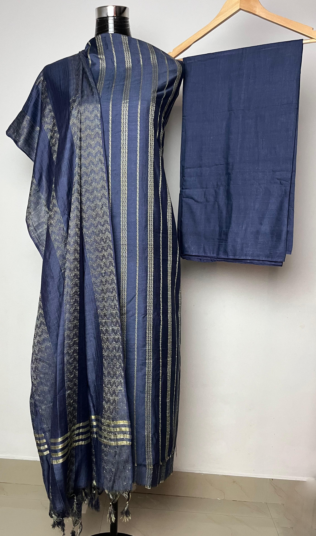 Premium Navy Blue Cotton Silk Suit Material with Woven Zari Stripes
