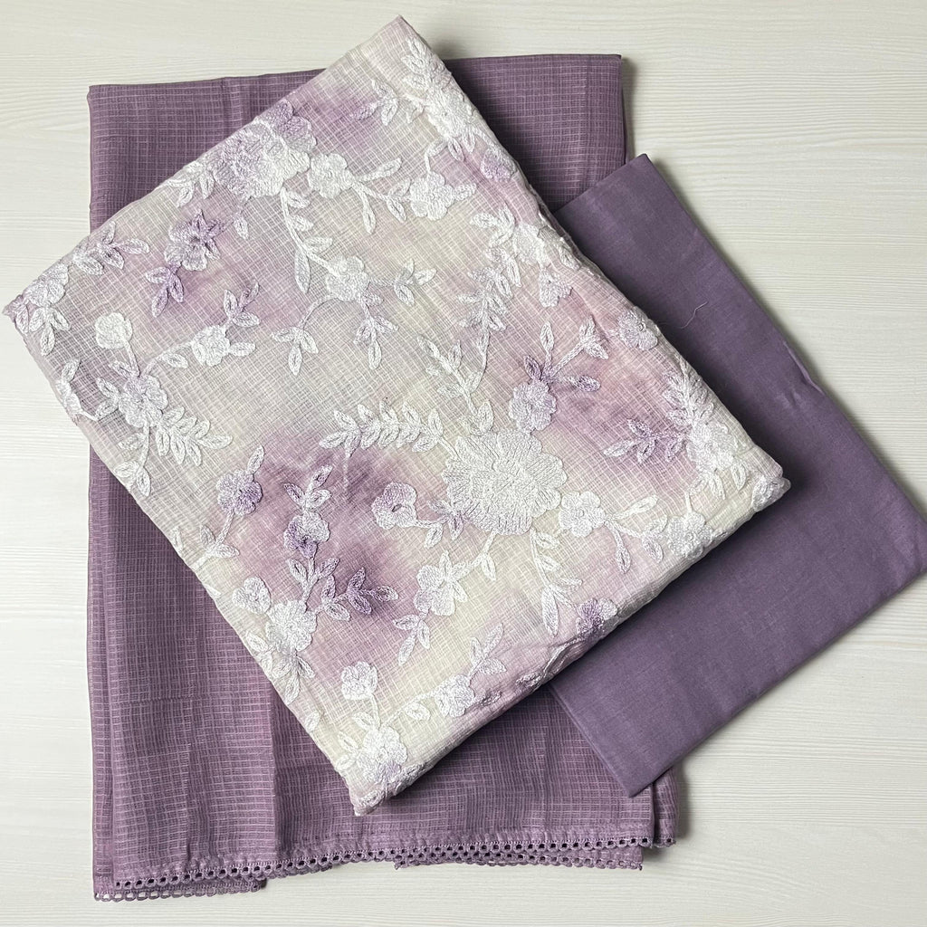 Pastel Whispers Tie-Dye Net Kota Suit Material Floral Mist