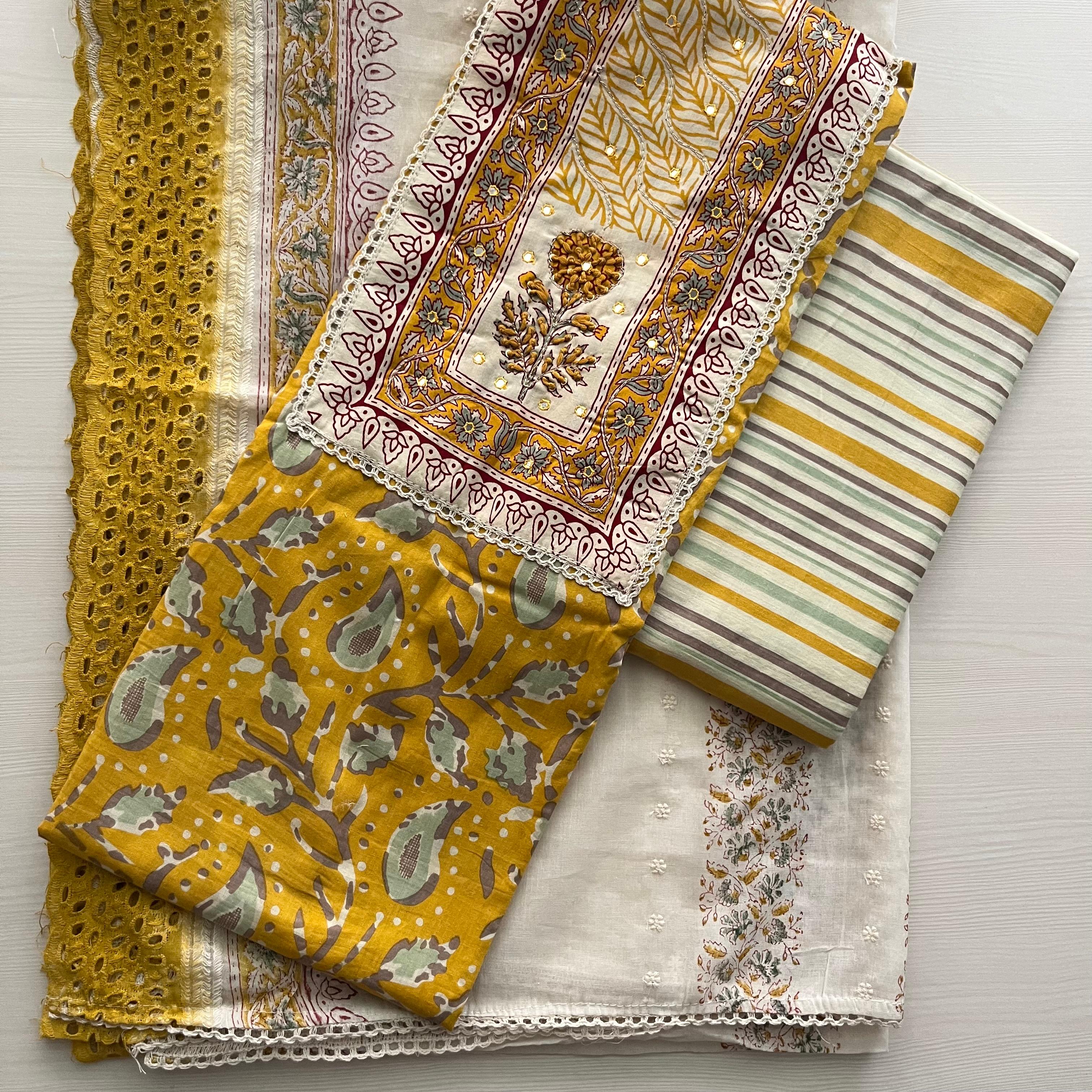 Premium Full Cotton Yellow Paisley Suit Set with Embroidered Neck & Lace Dupatta