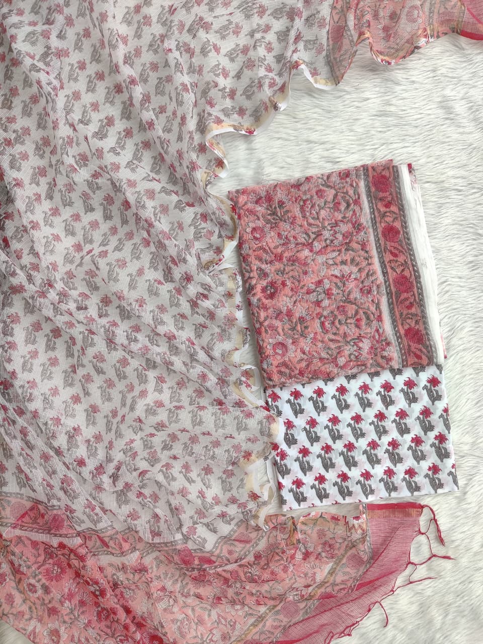 Hand Block Printed Full Kota Suit Pink Blossom