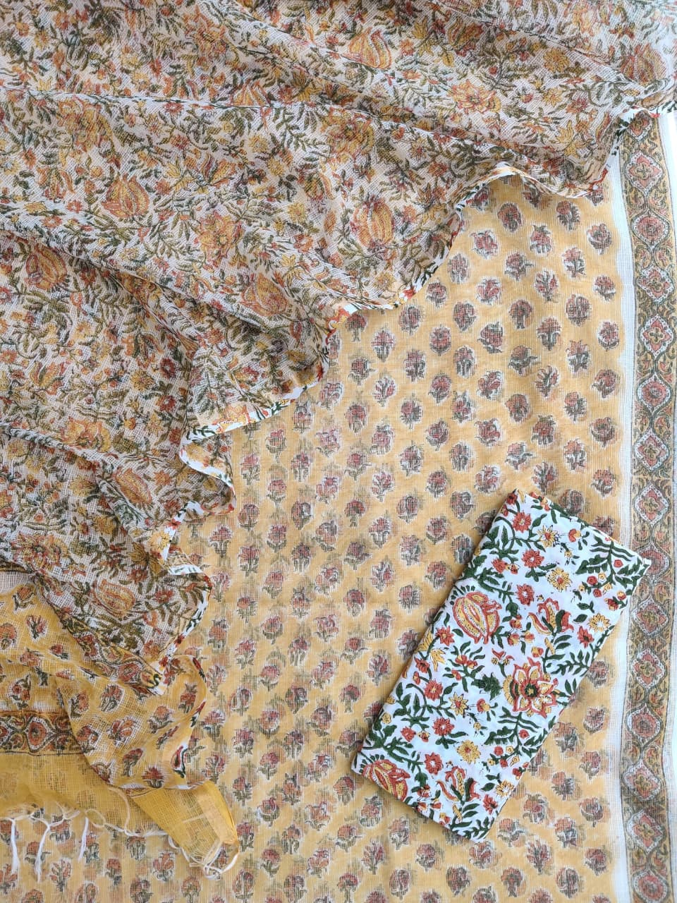 Hand Block Printed Full Kota Suit Yellow Garden