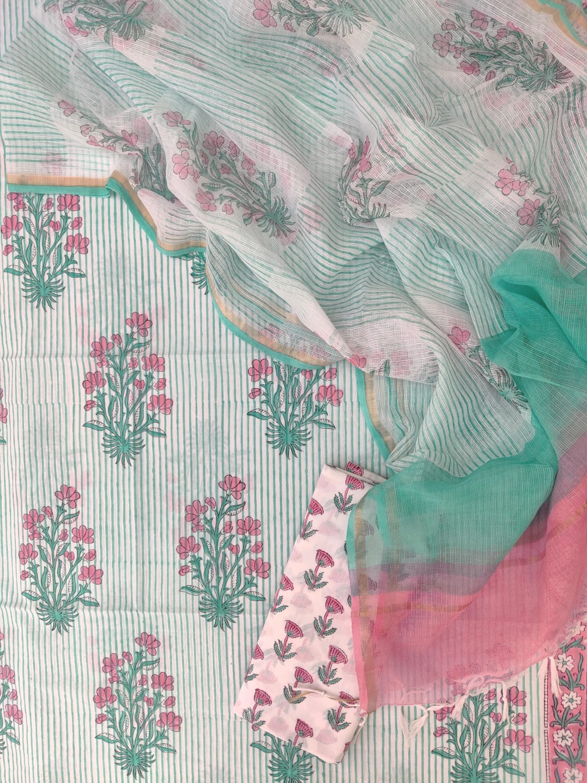 Hand Block Printed Cotton Suit with Cotton Kota Doria Dupatta Pink Green