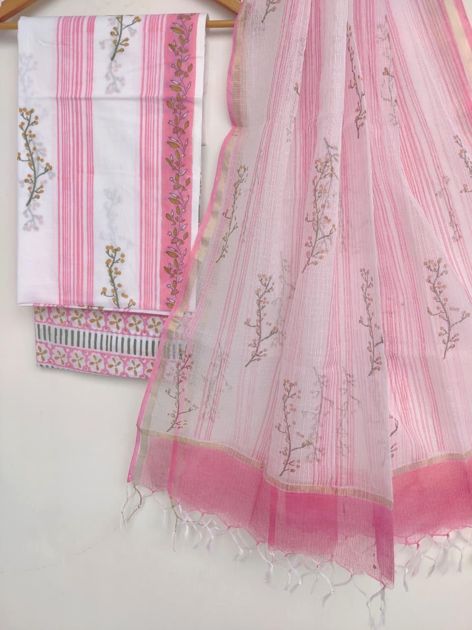 Hand Block Printed Cotton Suit with Cotton Kota Doria Dupatta Pink White
